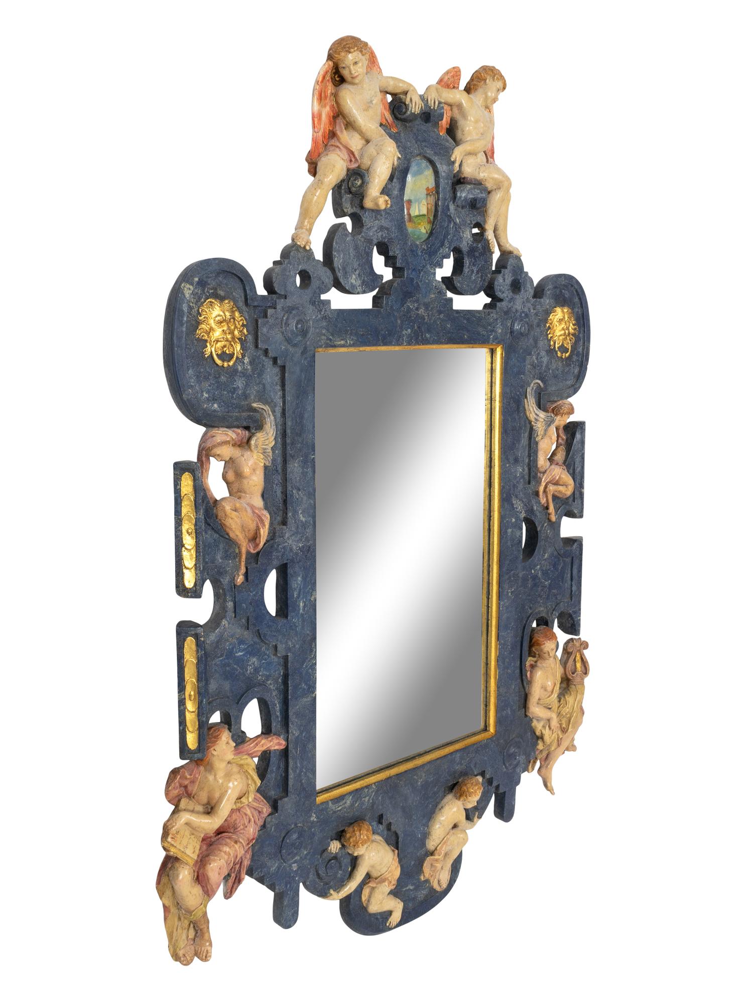 A Large Italian Baroque Style Polychrome Decorated Cartouche Form Mirror