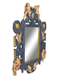 A Large Italian Baroque Style Polychrome Decorated Cartouche Form Mirror