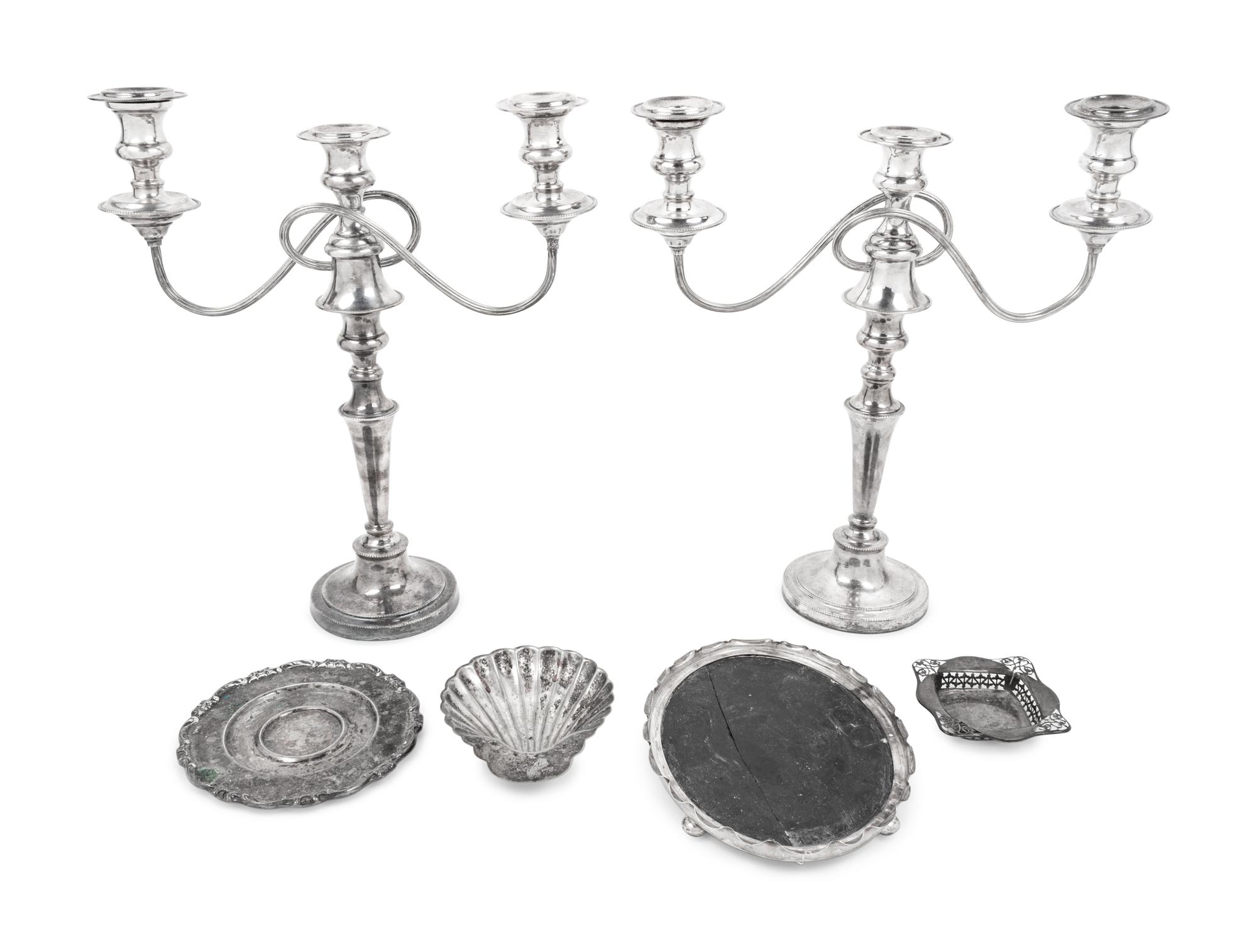A Pair of English Three-Light Silver-Plate Candelabra