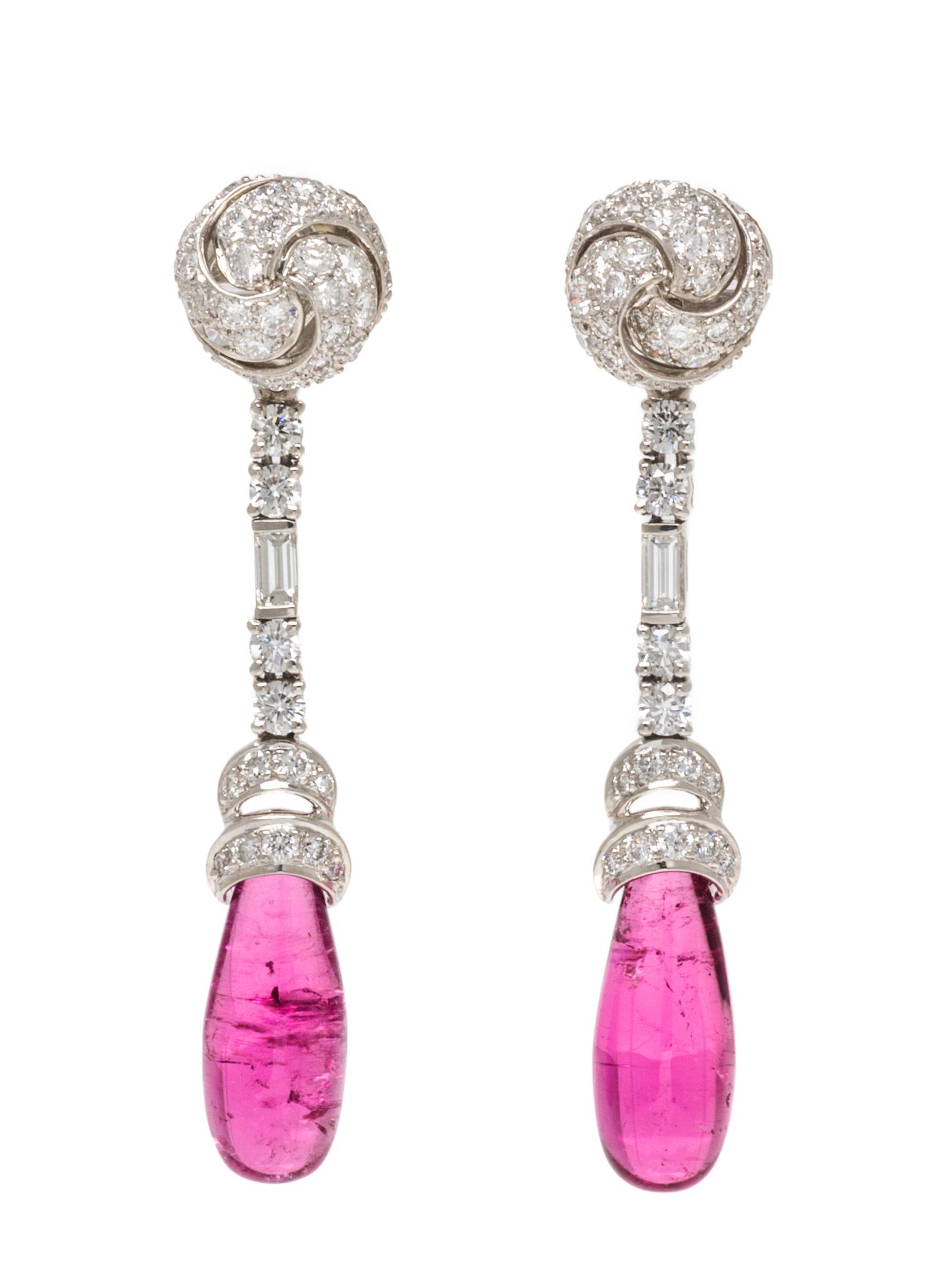A Pair of Platinum, Rubellite, and Diamond "Knot" Earclips, Verdura, 10.00 dwts.