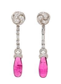 A Pair of Platinum, Rubellite, and Diamond "Knot" Earclips, Verdura, 10.00 dwts.