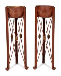 A Pair of Red and Gold Tole Peinte Jardiniere Stands