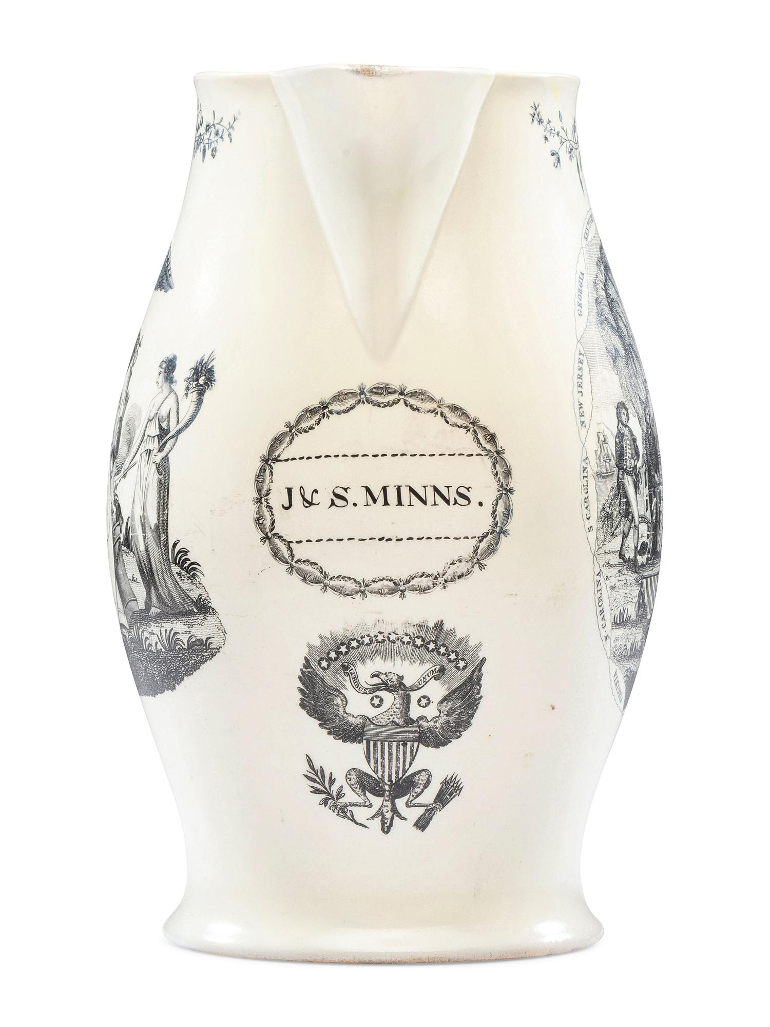 A Liverpool Transfer-Printed Creamware 'Peace, Plenty, and Independence / George Washington' Pitcher