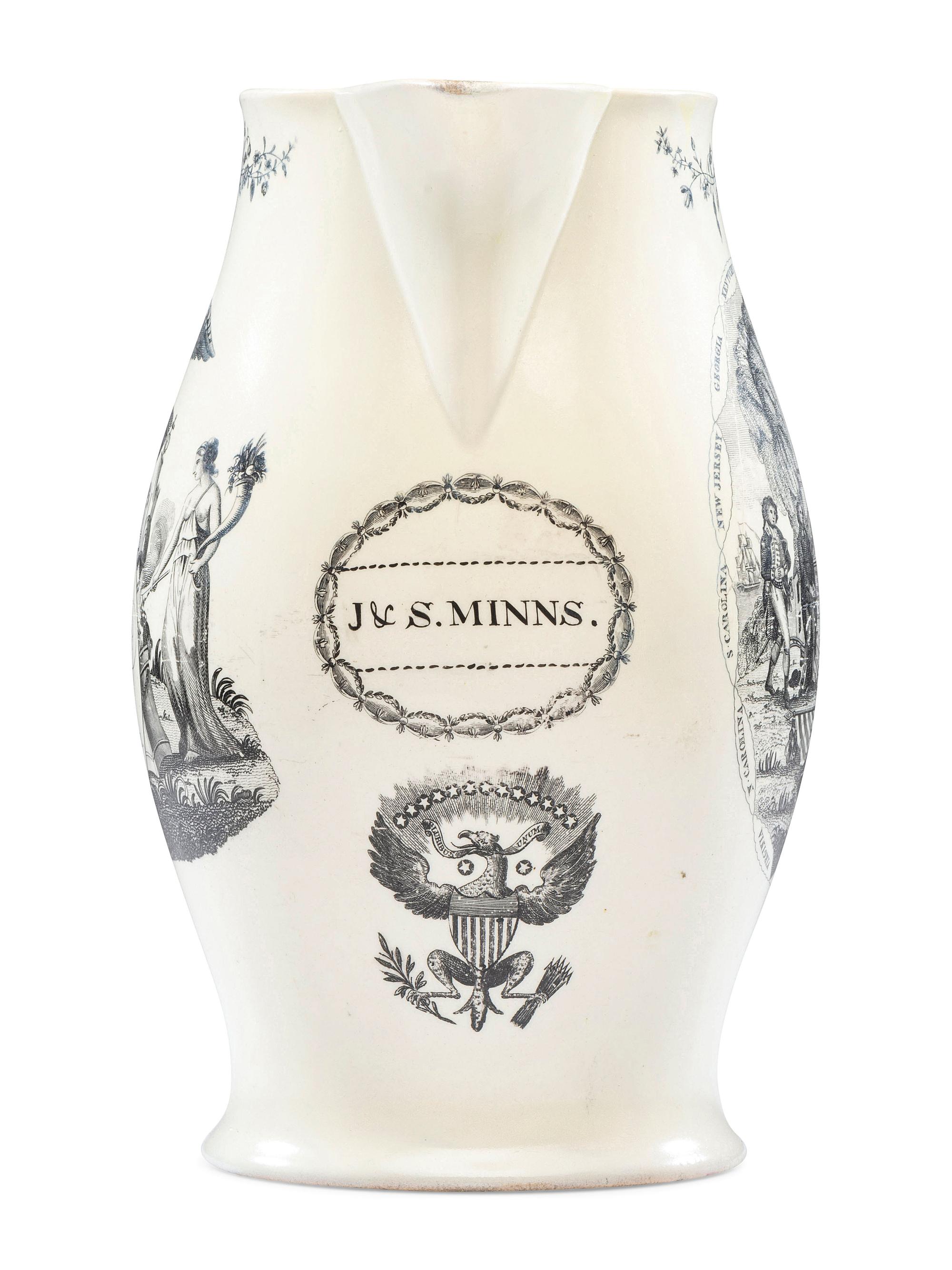 A Liverpool Transfer-Printed Creamware 'Peace, Plenty, and Independence / George Washington' Pitcher