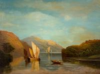 Andrew McCallum (British, 1821-1902) — Sailboats in the Bay and a Rowboat Taxiing Figures to an Anchored Boat , 1890