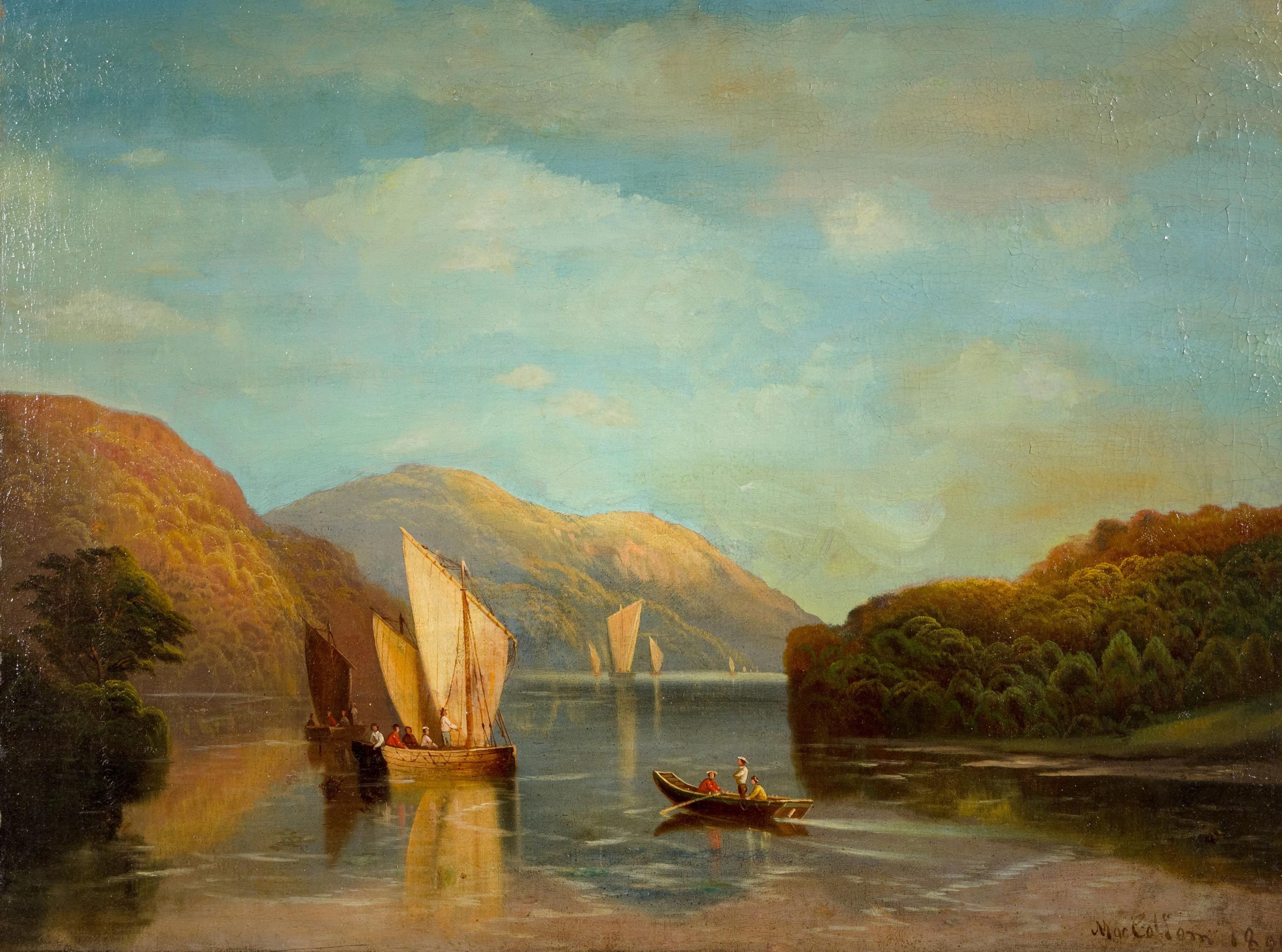 Andrew McCallum (British, 1821-1902) — Sailboats in the Bay and a Rowboat Taxiing Figures to an Anchored Boat , 1890