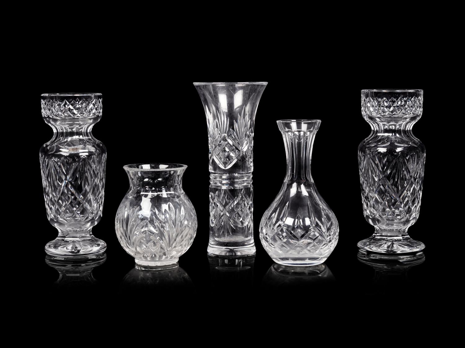Five Waterford Cut Glass Vases