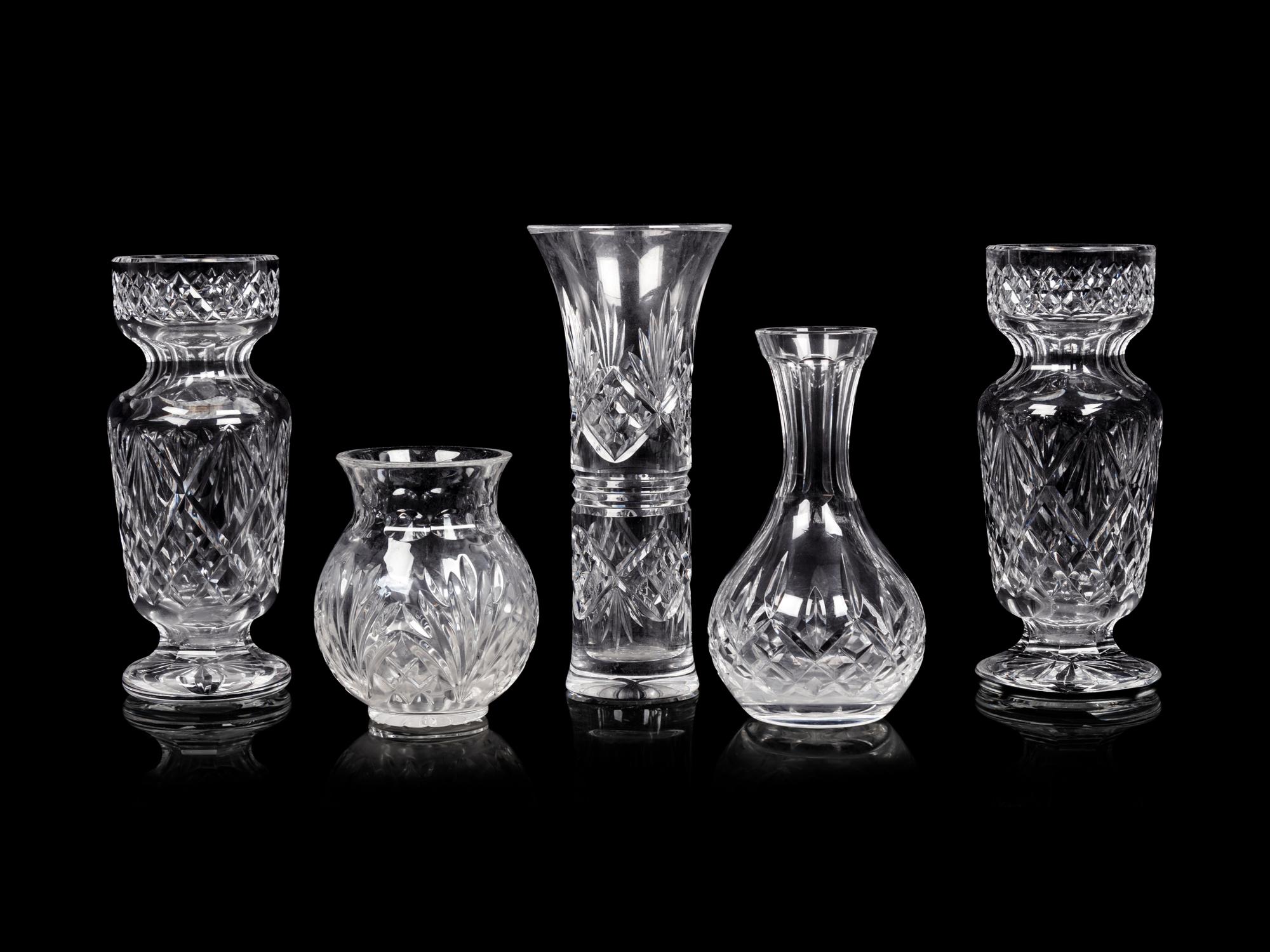 Five Waterford Cut Glass Vases