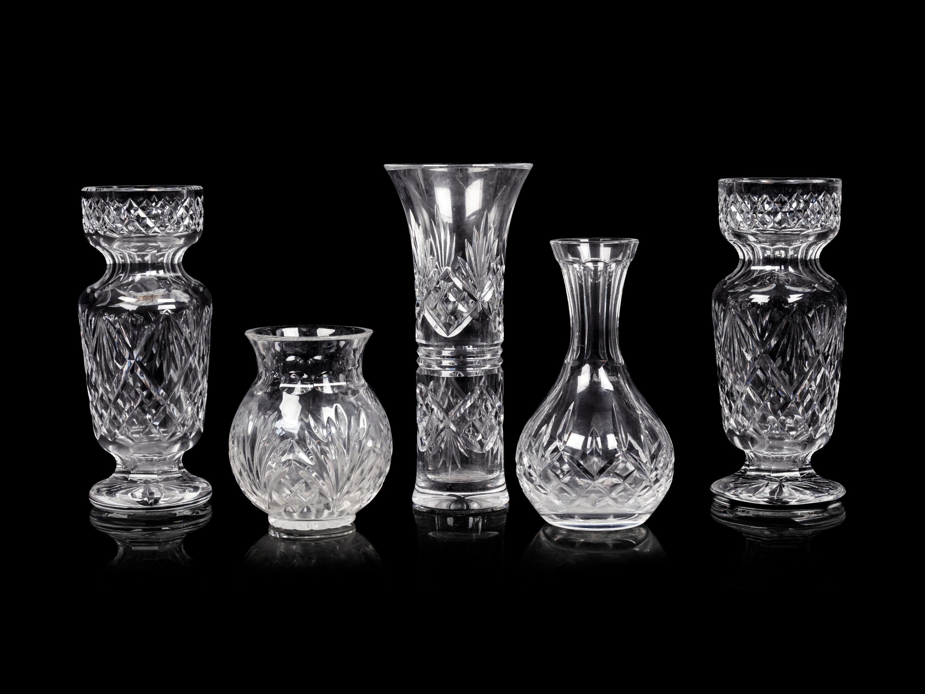 Five Waterford Cut Glass Vases