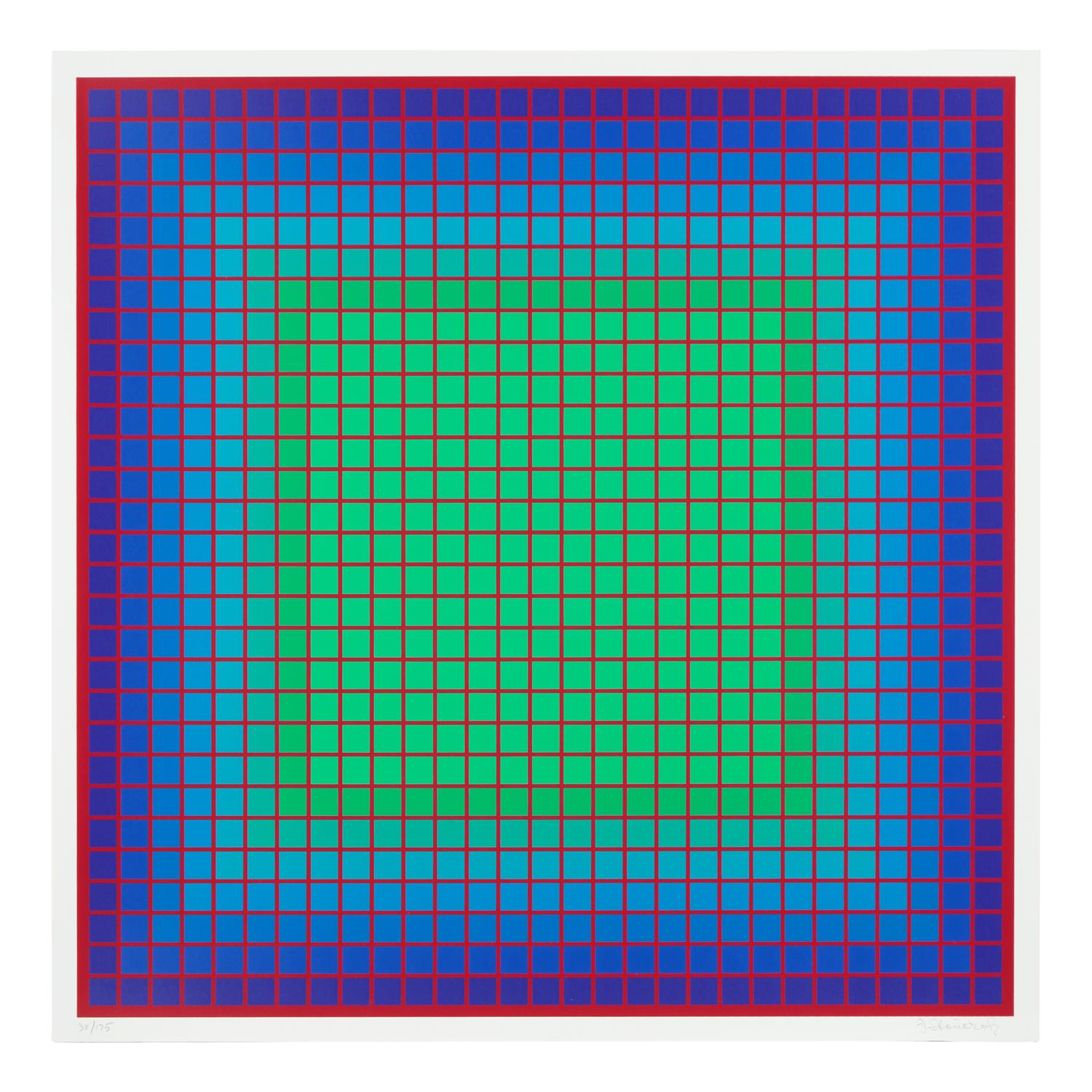 Julian Stanczak (American/Polish, 1928–2017) — A group of three screenprints ( Let it Be Orange; Yellow Filtration; Conferring Blue), 1981