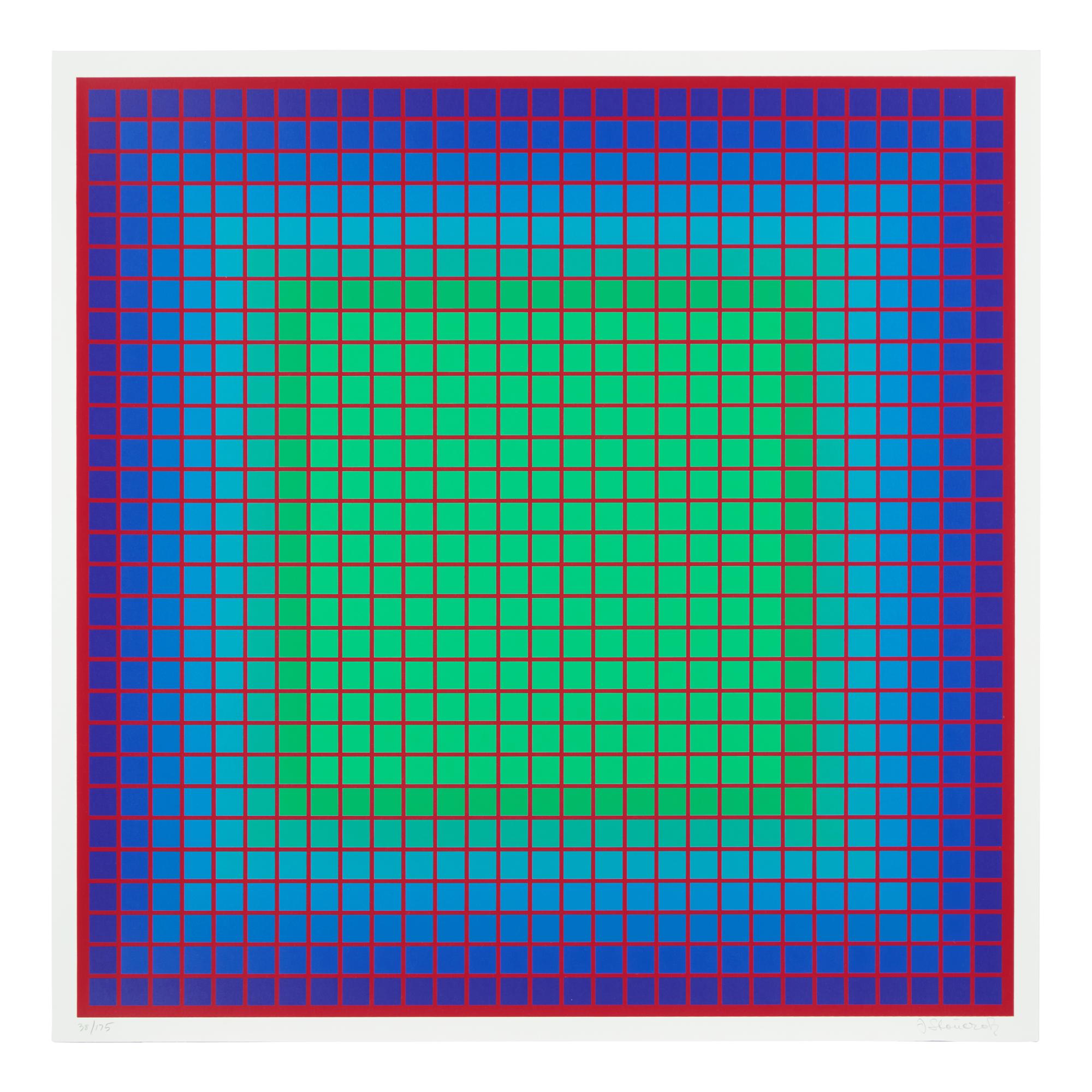 Julian Stanczak (American/Polish, 1928–2017) — A group of three screenprints ( Let it Be Orange; Yellow Filtration; Conferring Blue), 1981