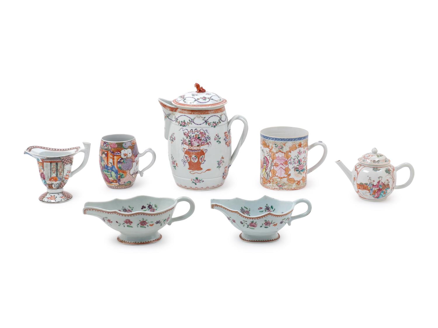 Seven Chinese Export Famille Rose Porcelain Handled Vessels