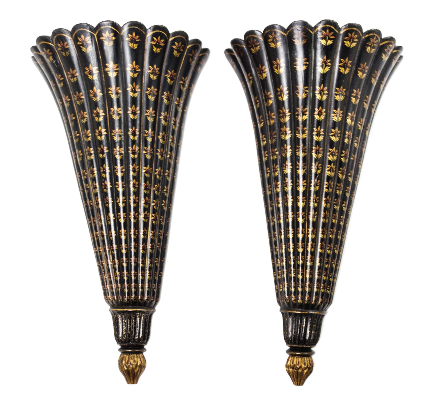 A Pair of Black and Polychrome Painted Wall Pockets Height 24 inches.