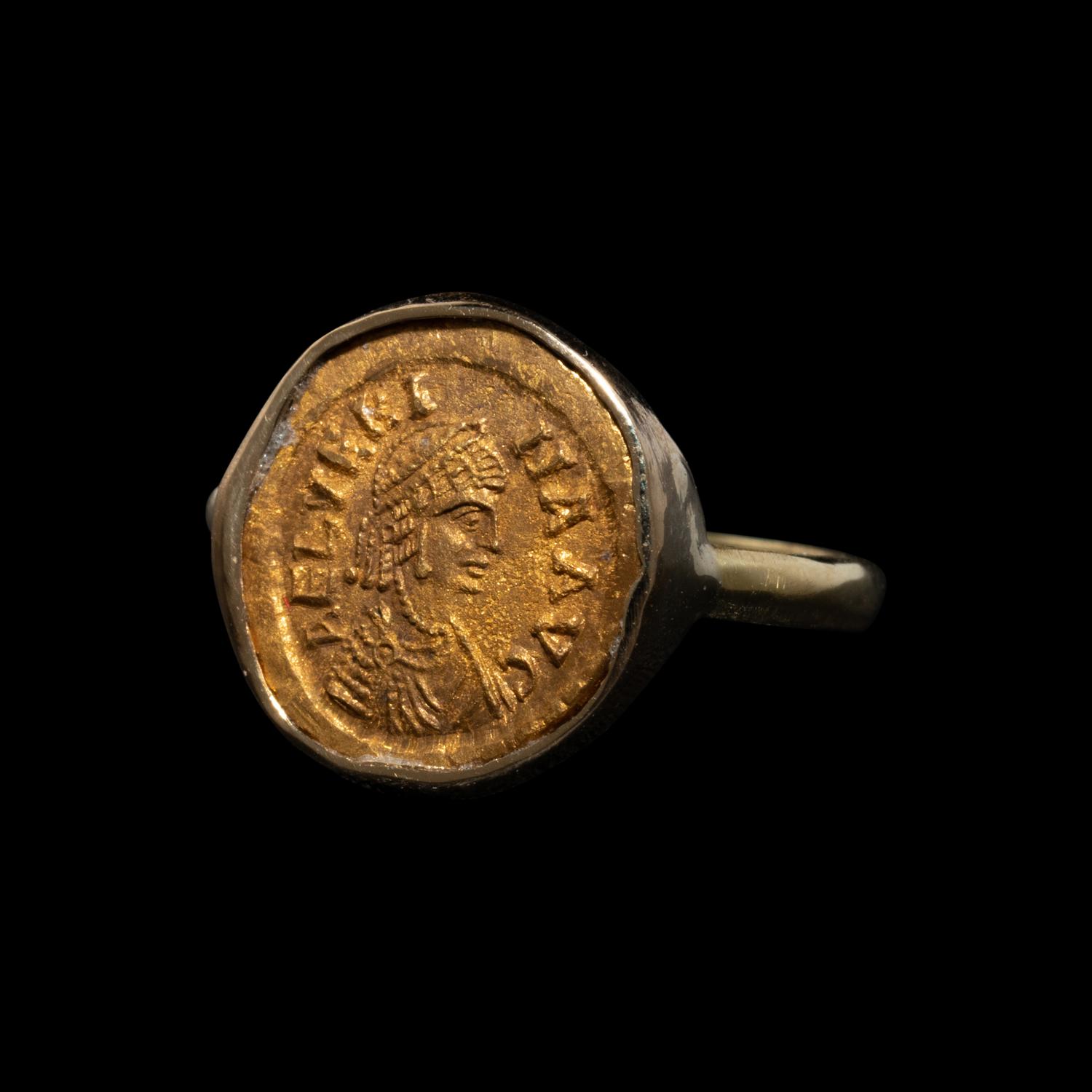 A Byzantine Gold Tremissis of the Empress Aelia Verina — Set in a gold ring