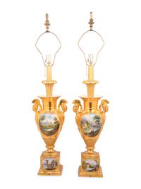 A Pair of Empire Style Painted and Parcel Gilt Porcelain Urns