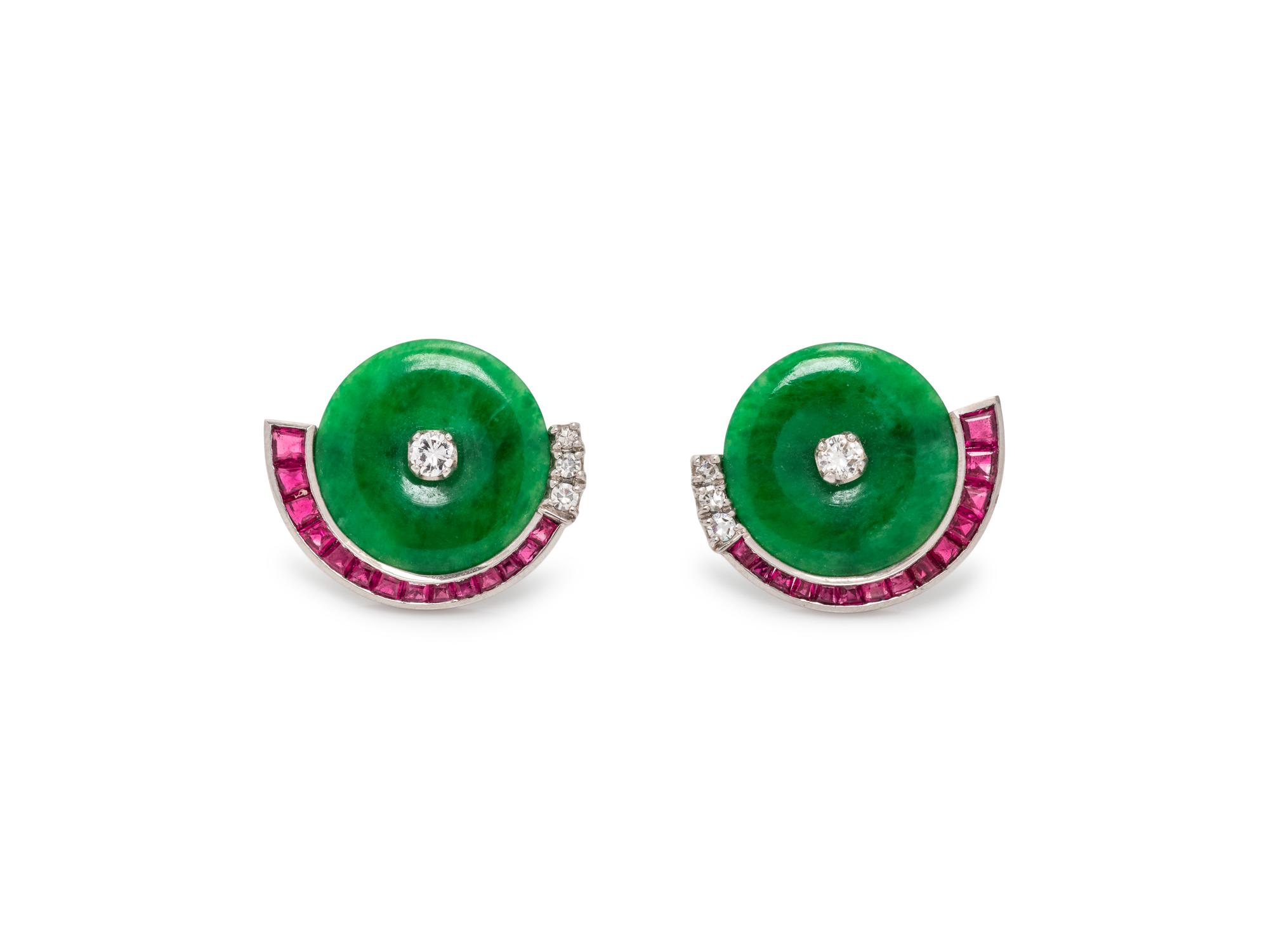 JADE, DIAMOND AND RUBY EARRINGS