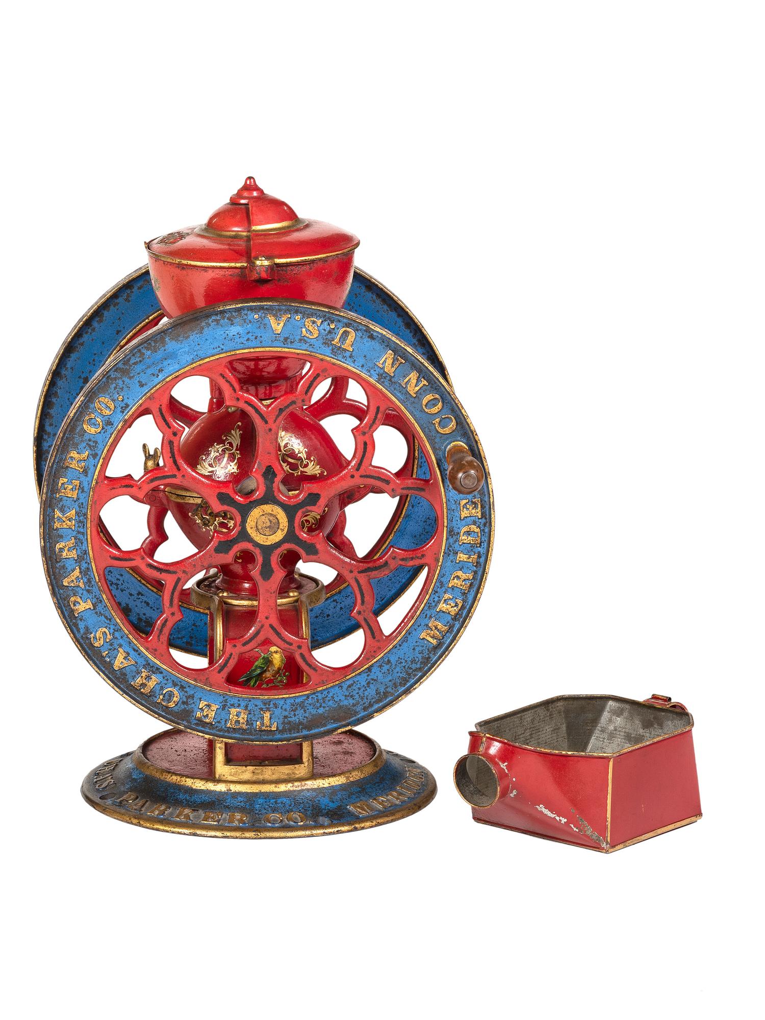 A Charles Parker No. 700 Painted and Parcel Gilt Double-Wheeled Cast Iron Coffee Mill
