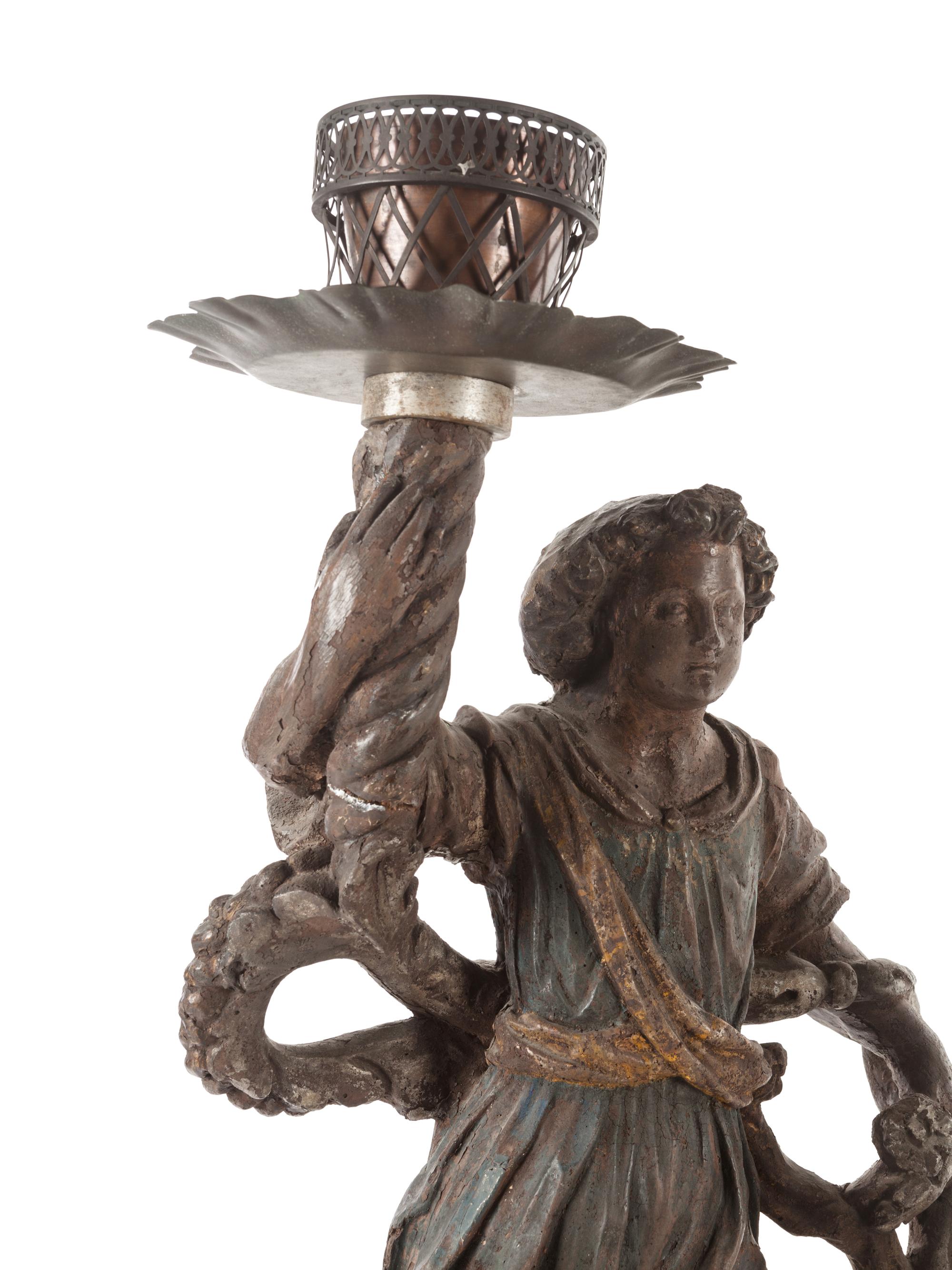 Two Neapolitan Carved and Painted Figural Pricket Sticks