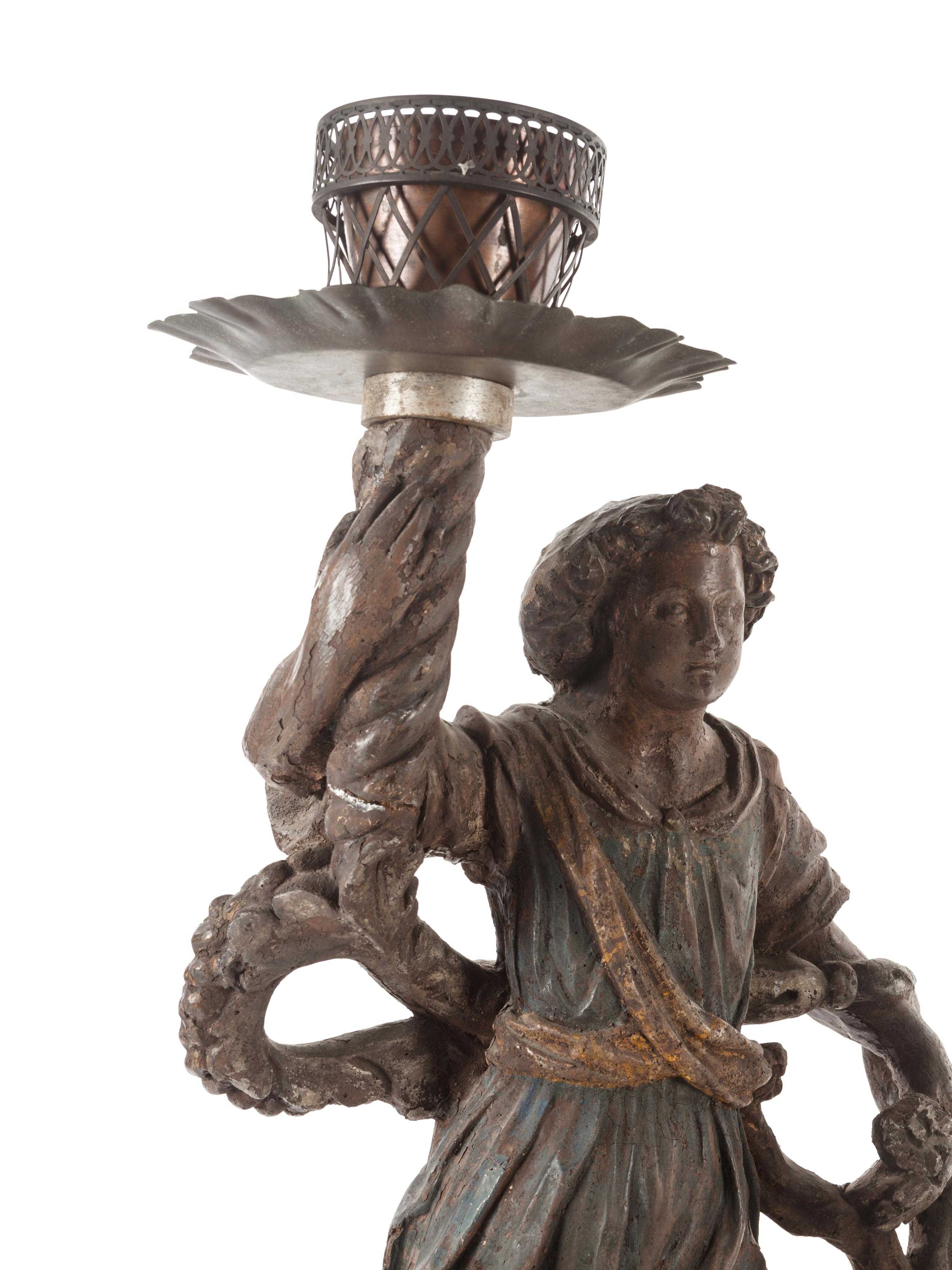 Two Neapolitan Carved and Painted Figural Pricket Sticks