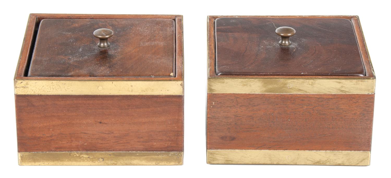 A Pair of English Brass Mounted Lidded Mahogany Boxes Height 3 x width 3 x depth 3 inches. — 20TH CENTURY
