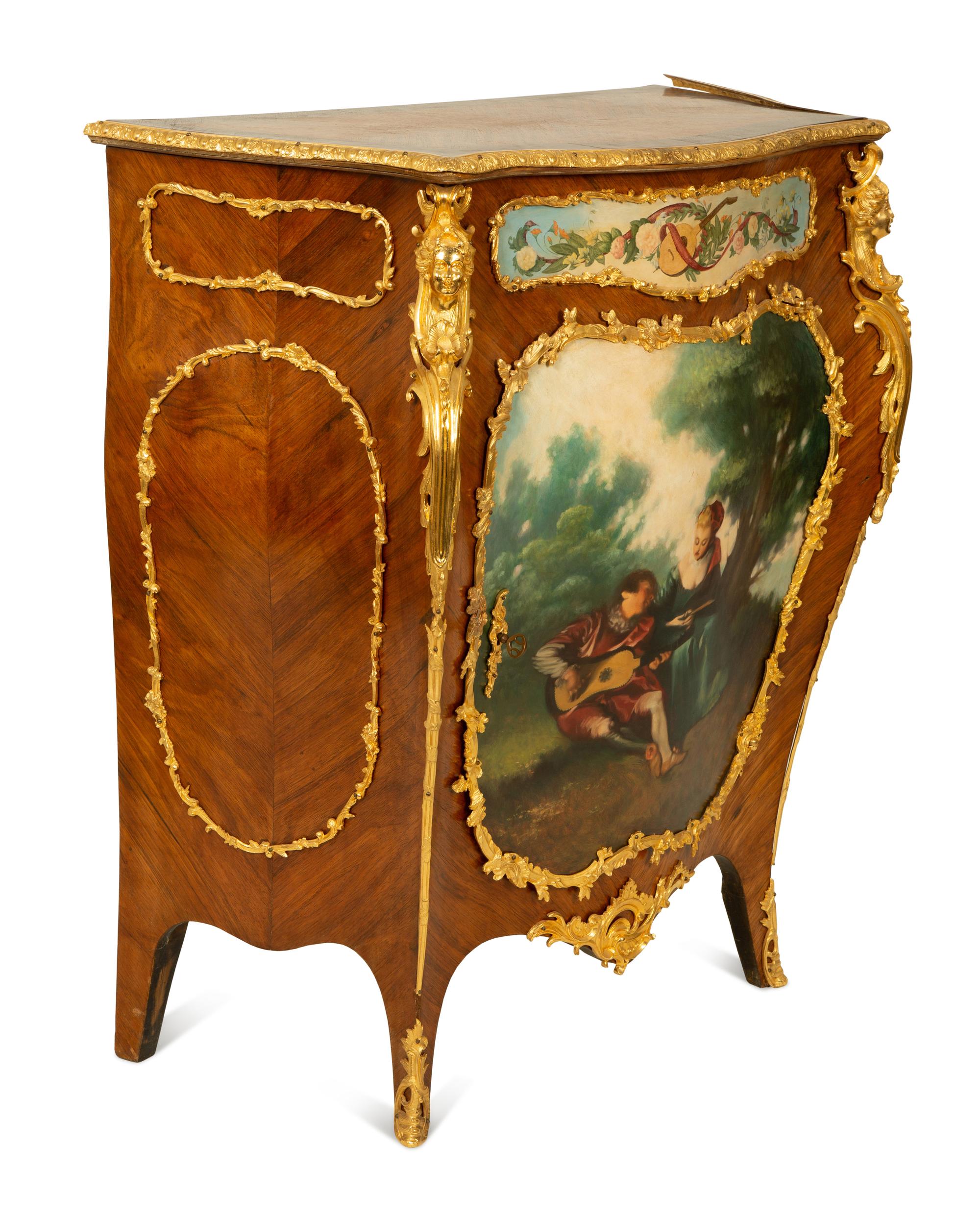 A Louis XV Style Gilt Bronze Mounted Kingwood and Painted Panel-Inset Cabinet — 20TH CENTURY