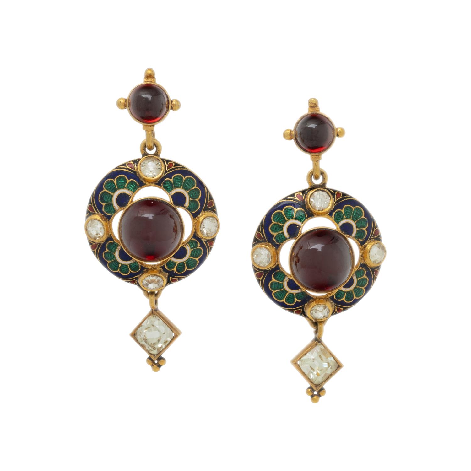 VICTORIAN, HOLBEINESQUE, GARNET, CHRYSOBERYL, ENAMEL, AND YELLOW GOLD EARRINGS