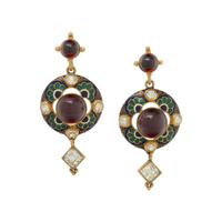 VICTORIAN, HOLBEINESQUE, GARNET, CHRYSOBERYL, ENAMEL, AND YELLOW GOLD EARRINGS