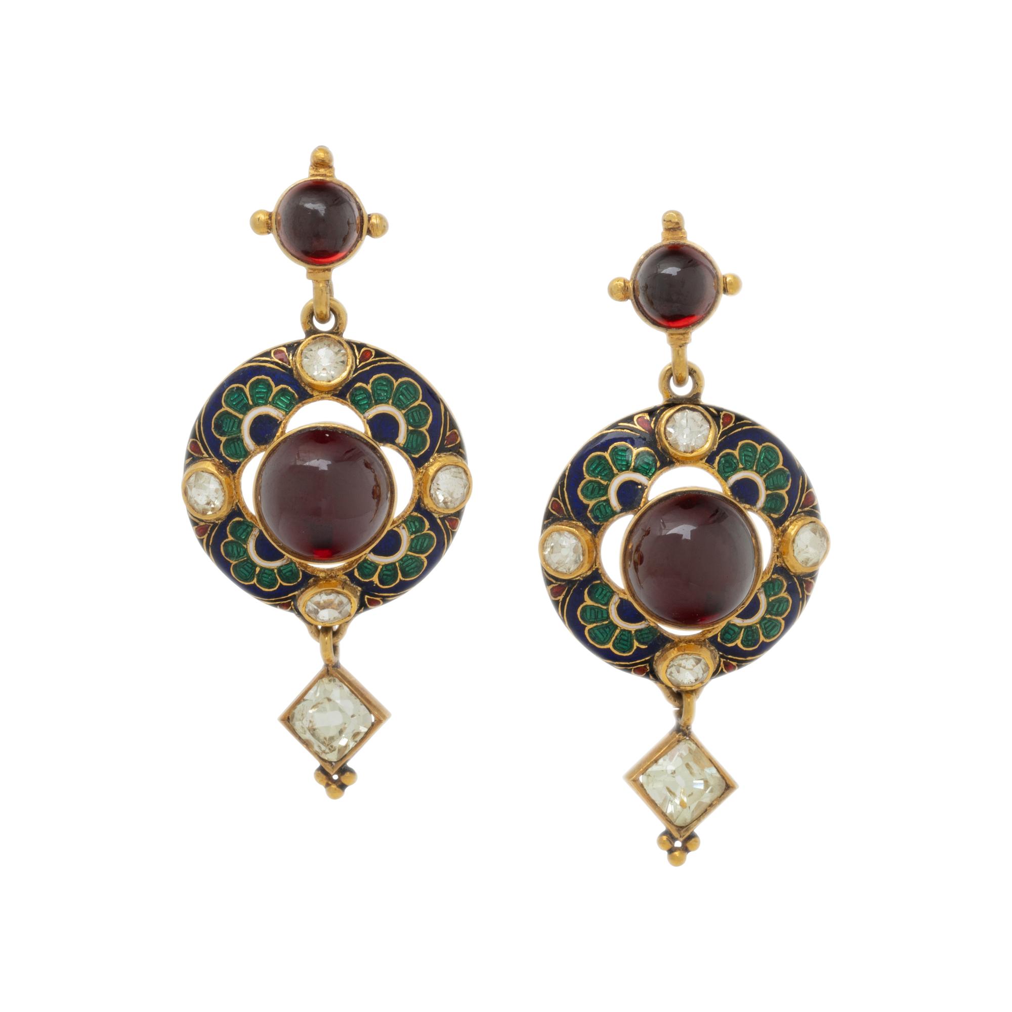 VICTORIAN, HOLBEINESQUE, GARNET, CHRYSOBERYL, ENAMEL, AND YELLOW GOLD EARRINGS