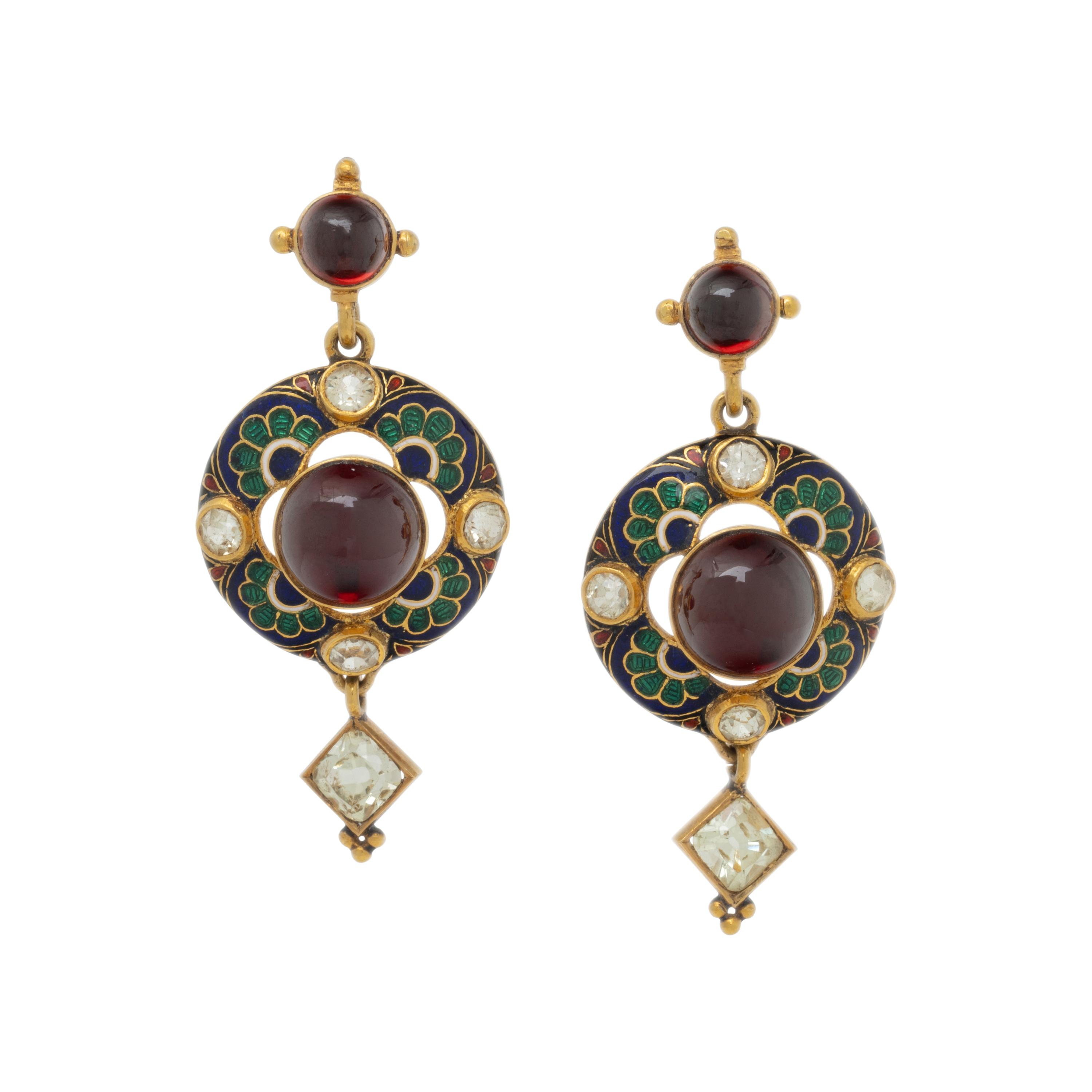 VICTORIAN, HOLBEINESQUE, GARNET, CHRYSOBERYL, ENAMEL, AND YELLOW GOLD EARRINGS