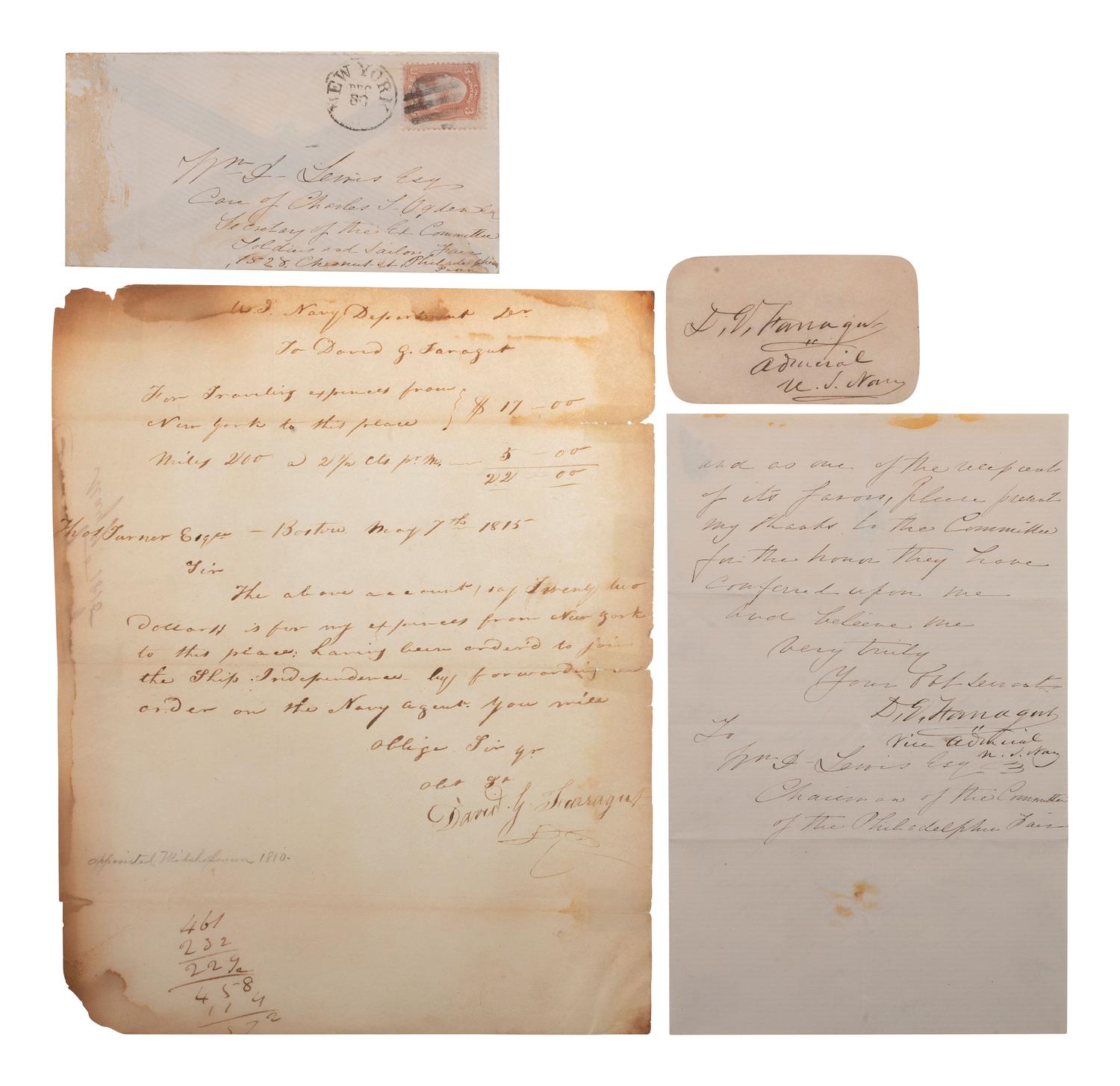 [CIVIL WAR]. FARRAGUT, David G. A. (1801-1870). A group of 3 signed items, including letters.