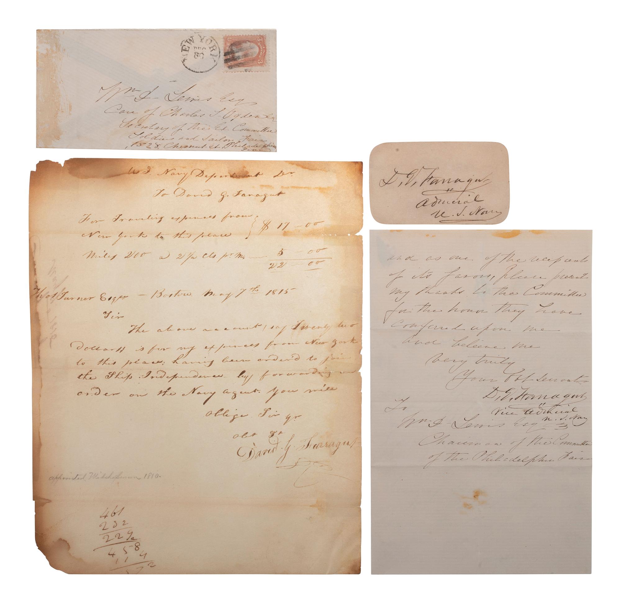 [CIVIL WAR]. FARRAGUT, David G. A. (1801-1870). A group of 3 signed items, including letters.