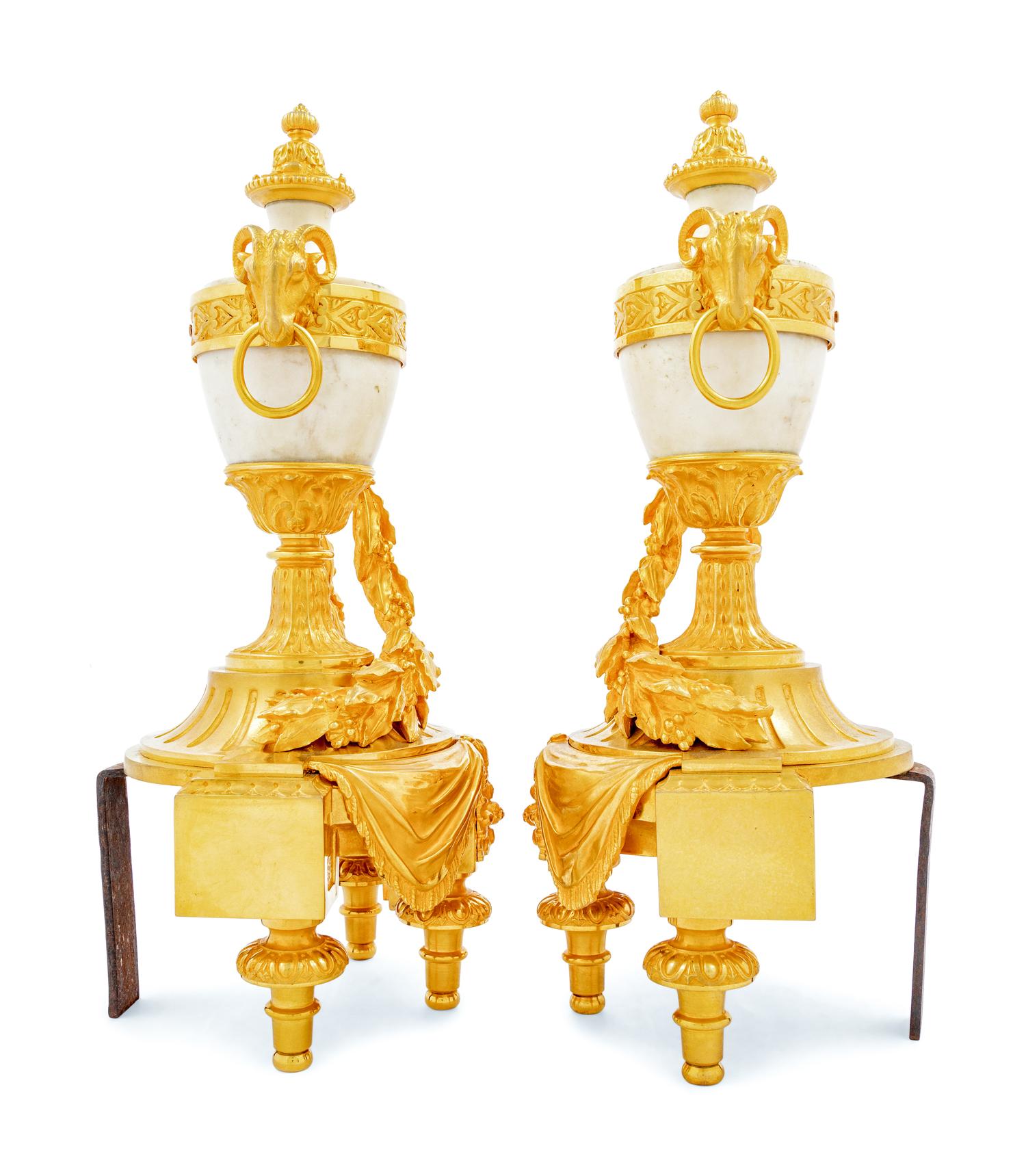 A Pair of French Gilt Bronze and Marble Chenets