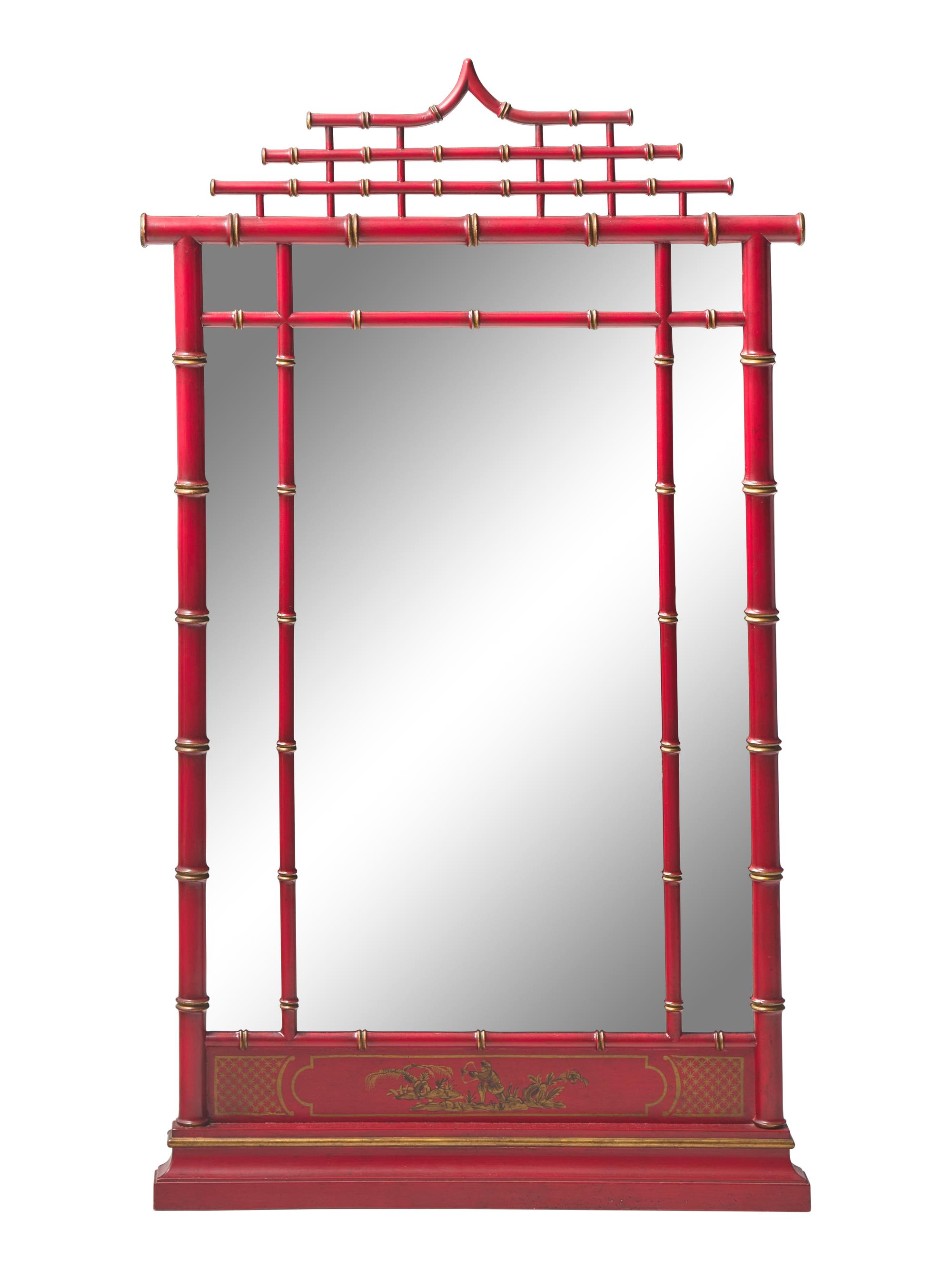 An Chapman Mfg. Co. Chinoiserie Red-Painted and Parcel-Gilt Faux Bamboo Mirror