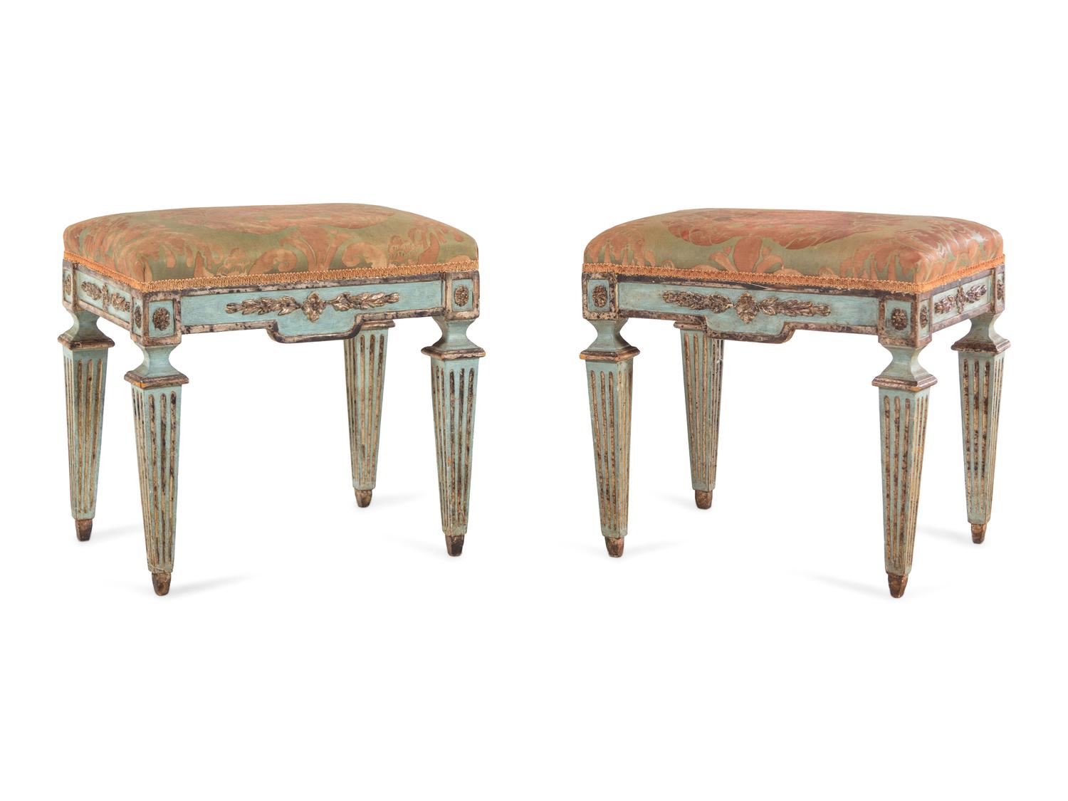 A Pair of Italian Painted and Parcel Gilt Stools