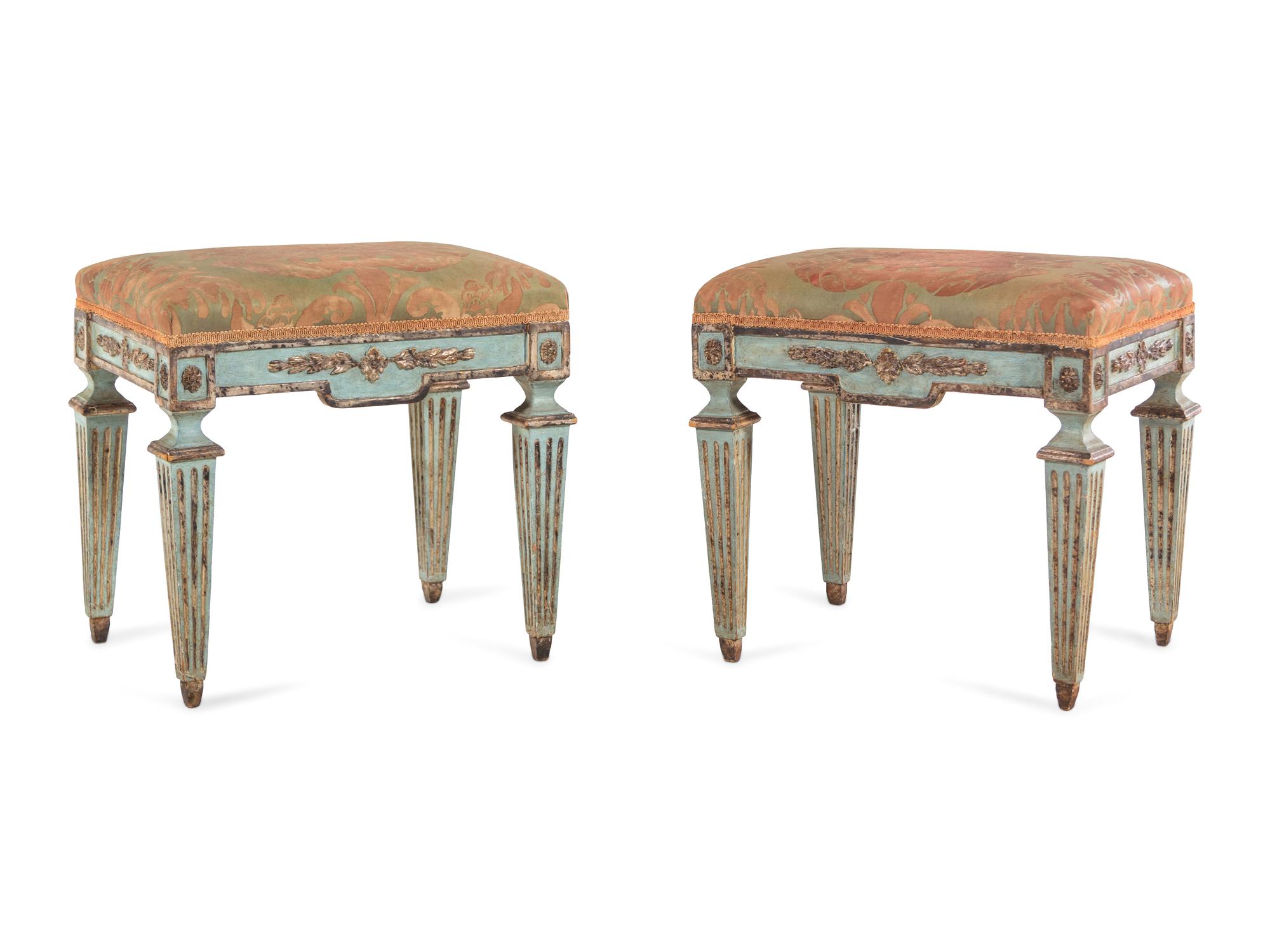 A Pair of Italian Painted and Parcel Gilt Stools