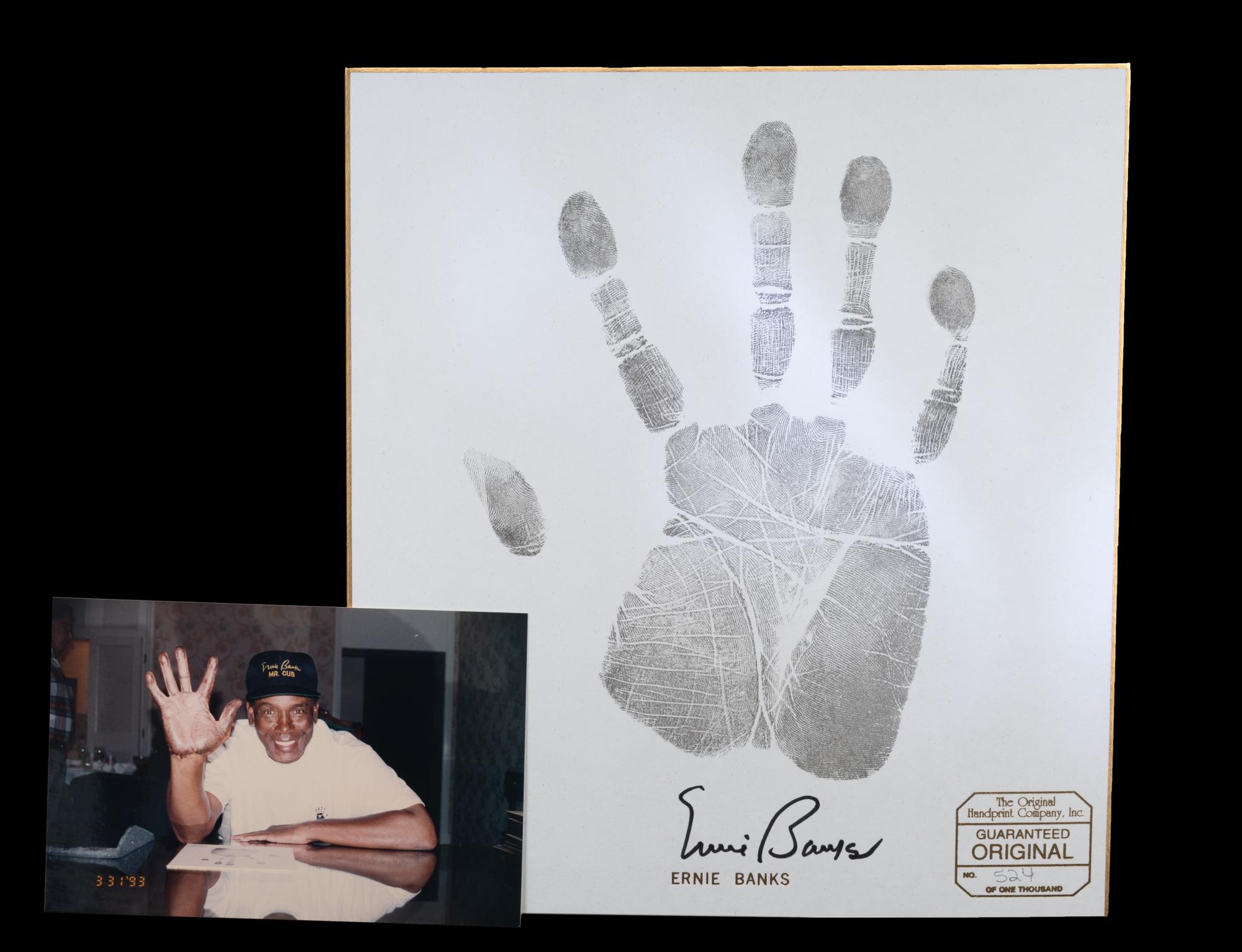 An Ernie Banks Signed Autograph Original Handprint Company Signed Handprint Display,