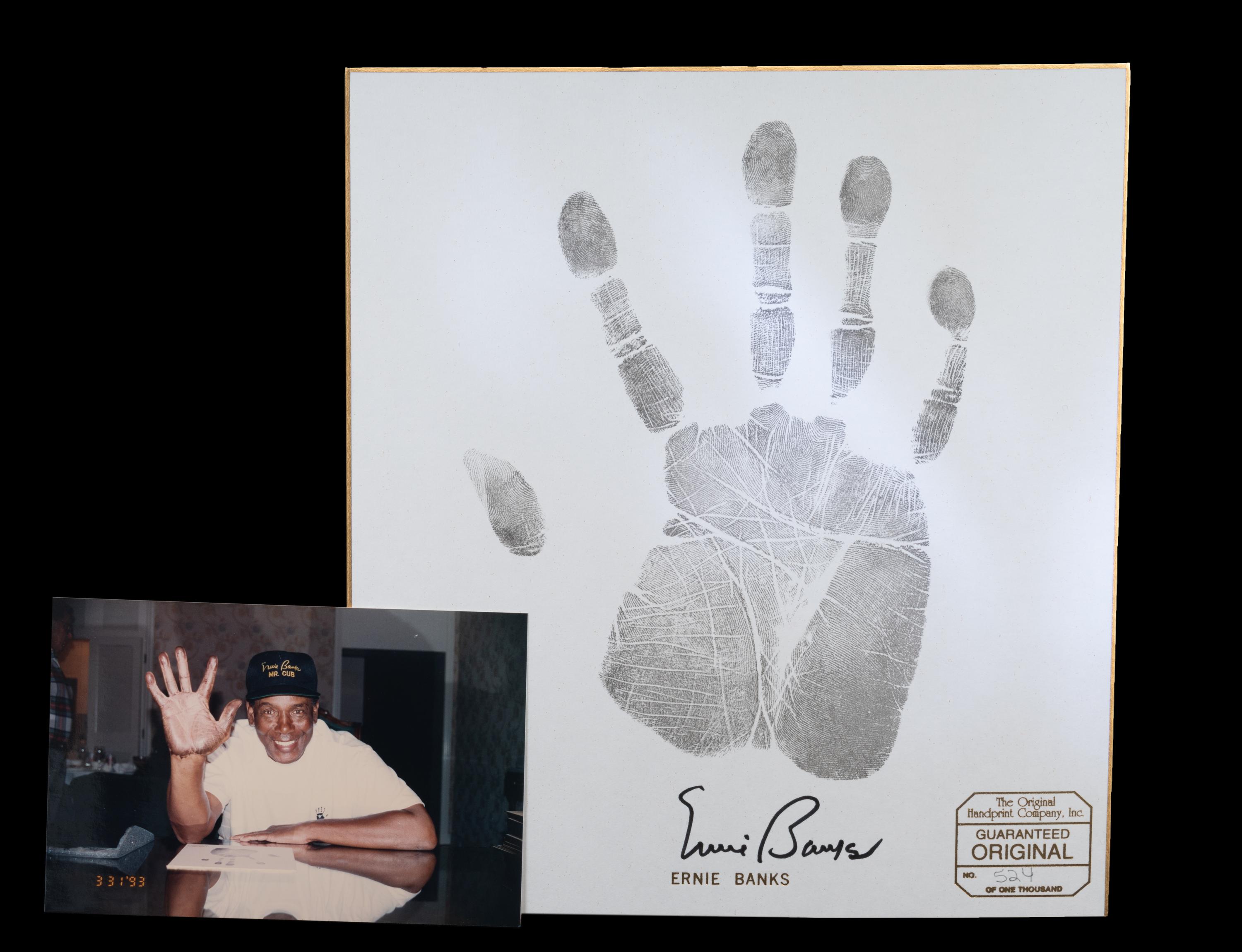 An Ernie Banks Signed Autograph Original Handprint Company Signed Handprint Display,
