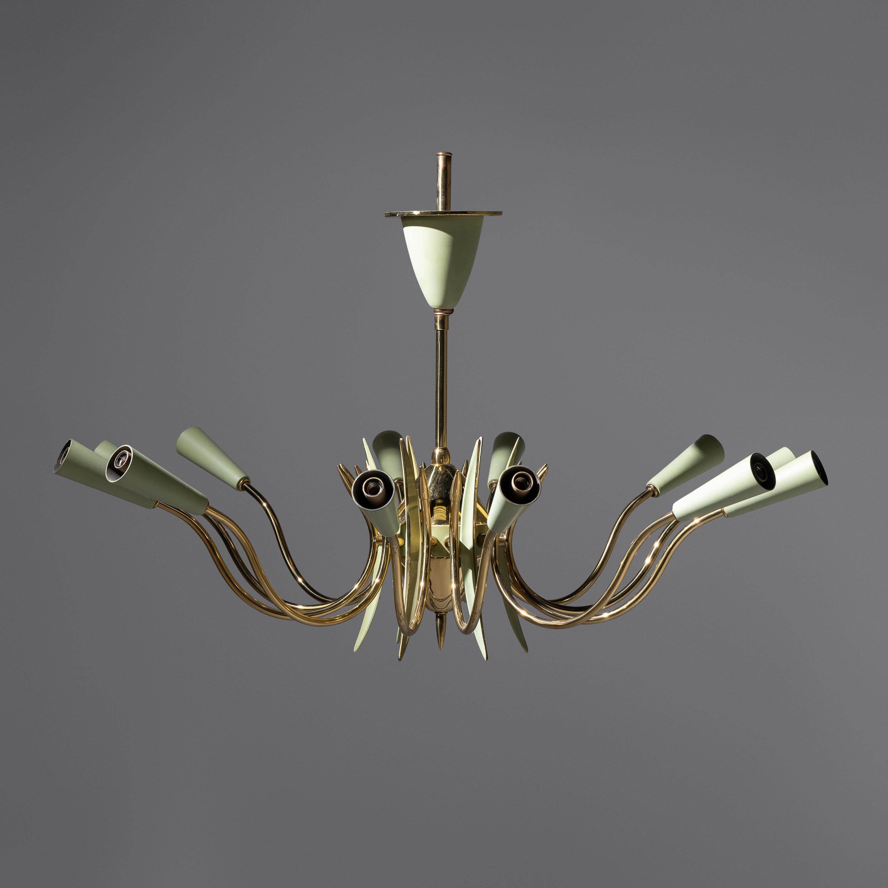 Italian Design Mid 20th Century — Brass and Enameled Twelve-Arm Chandelier, c. 1960