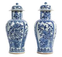 A Pair of Chinese Export Blue and White Porcelain Covered Vases 19TH CENTURY Height 18 1/2 inches. — 19TH CENTURY