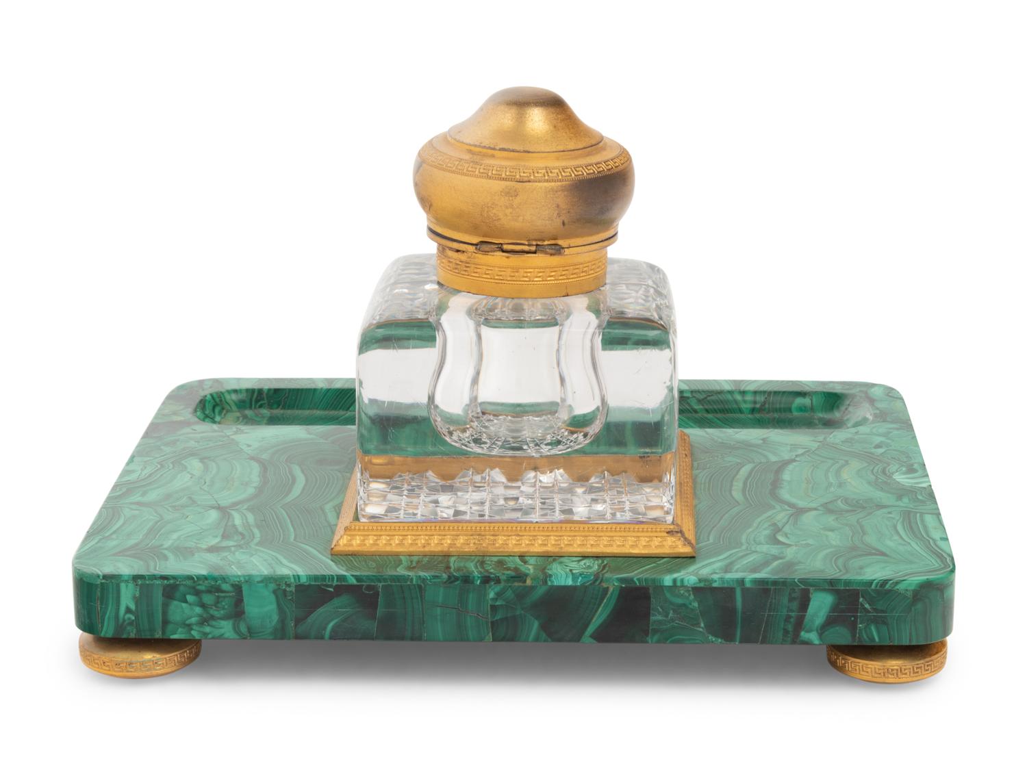 A Continental Gilt Bronze Mounted Malachite Veneered Inkstand