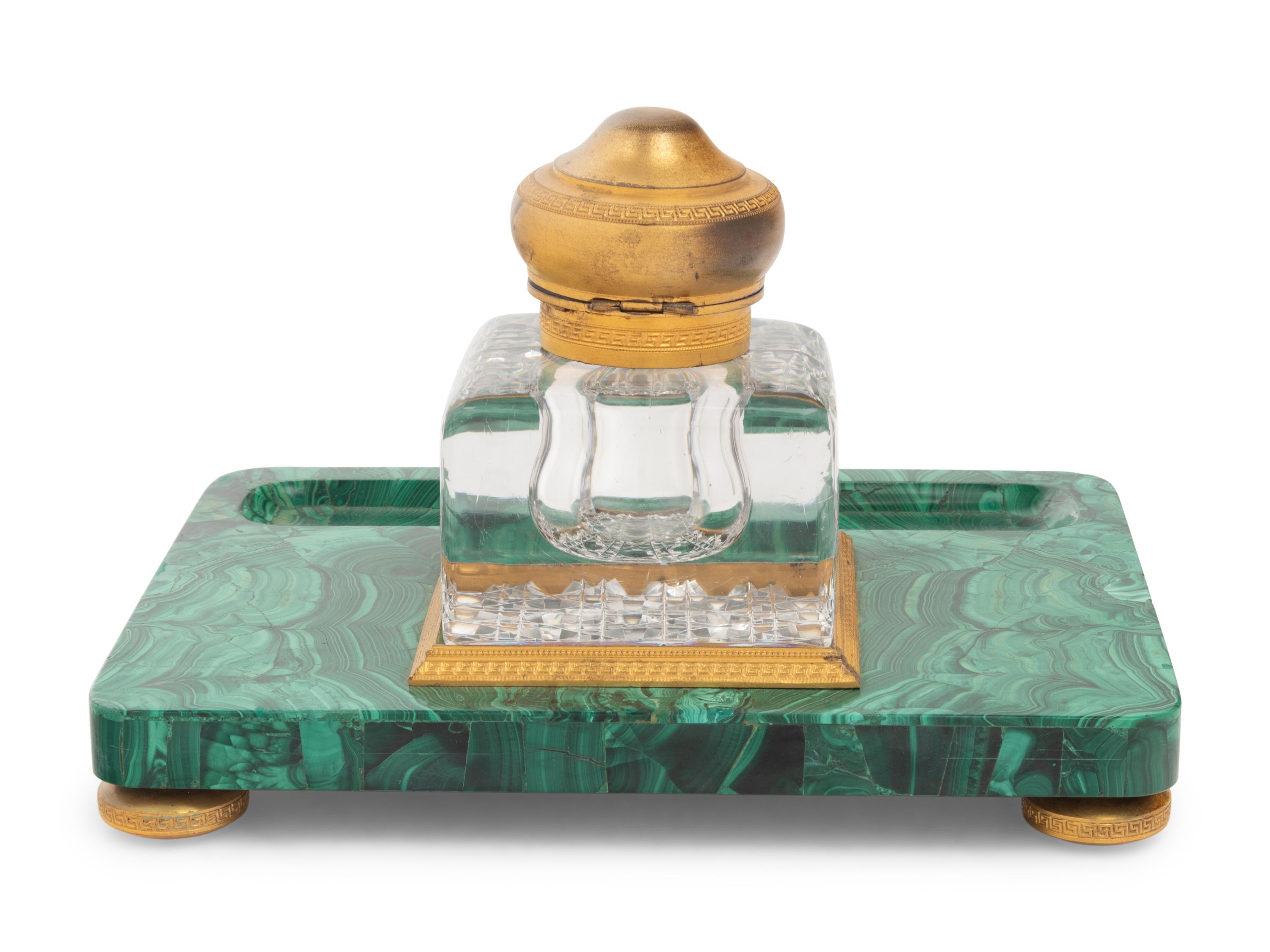 A Continental Gilt Bronze Mounted Malachite Veneered Inkstand