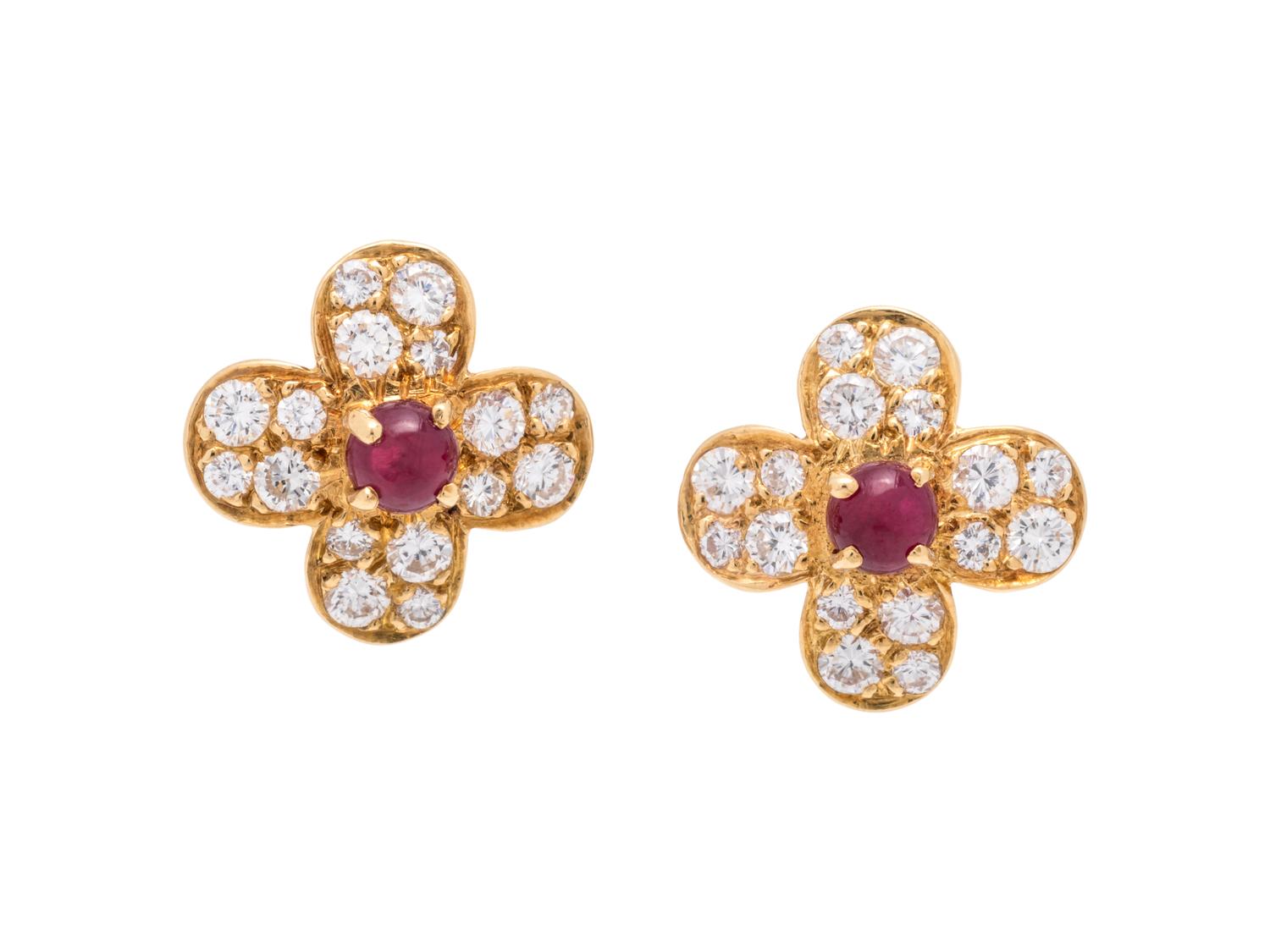 VAN CLEEF & ARPELS, RUBY AND DIAMOND 'TRÉFLE' EARCLIPS