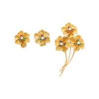 DAN FRERE, YELLOW GOLD, DIAMOND AND MULTIGEM FLOWER BROOCH AND CLIP EARRINGS