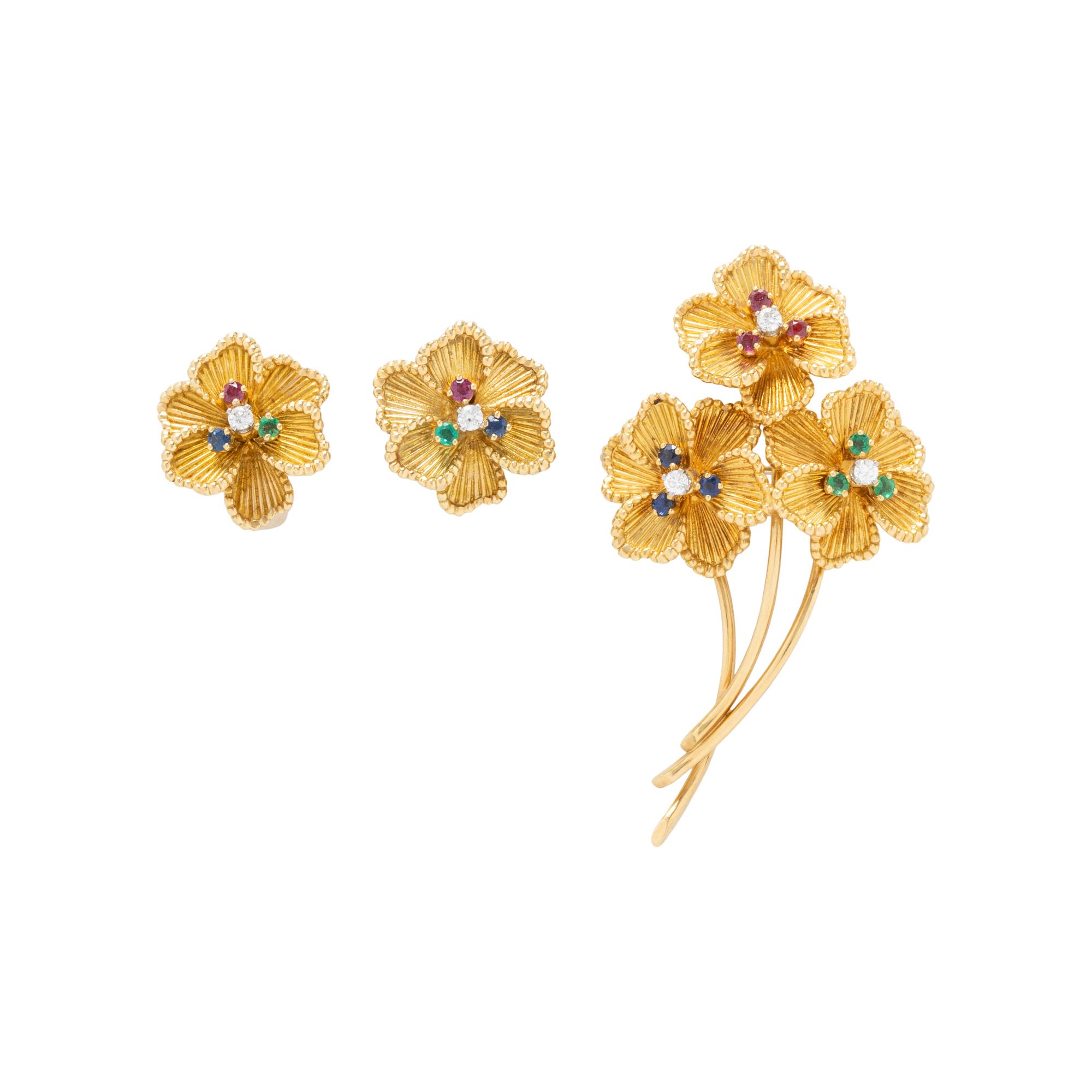 DAN FRERE, YELLOW GOLD, DIAMOND AND MULTIGEM FLOWER BROOCH AND CLIP EARRINGS