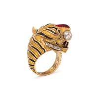 DAVID WEBB, YELLOW GOLD, ENAMEL, AND DIAMOND TIGER RING
