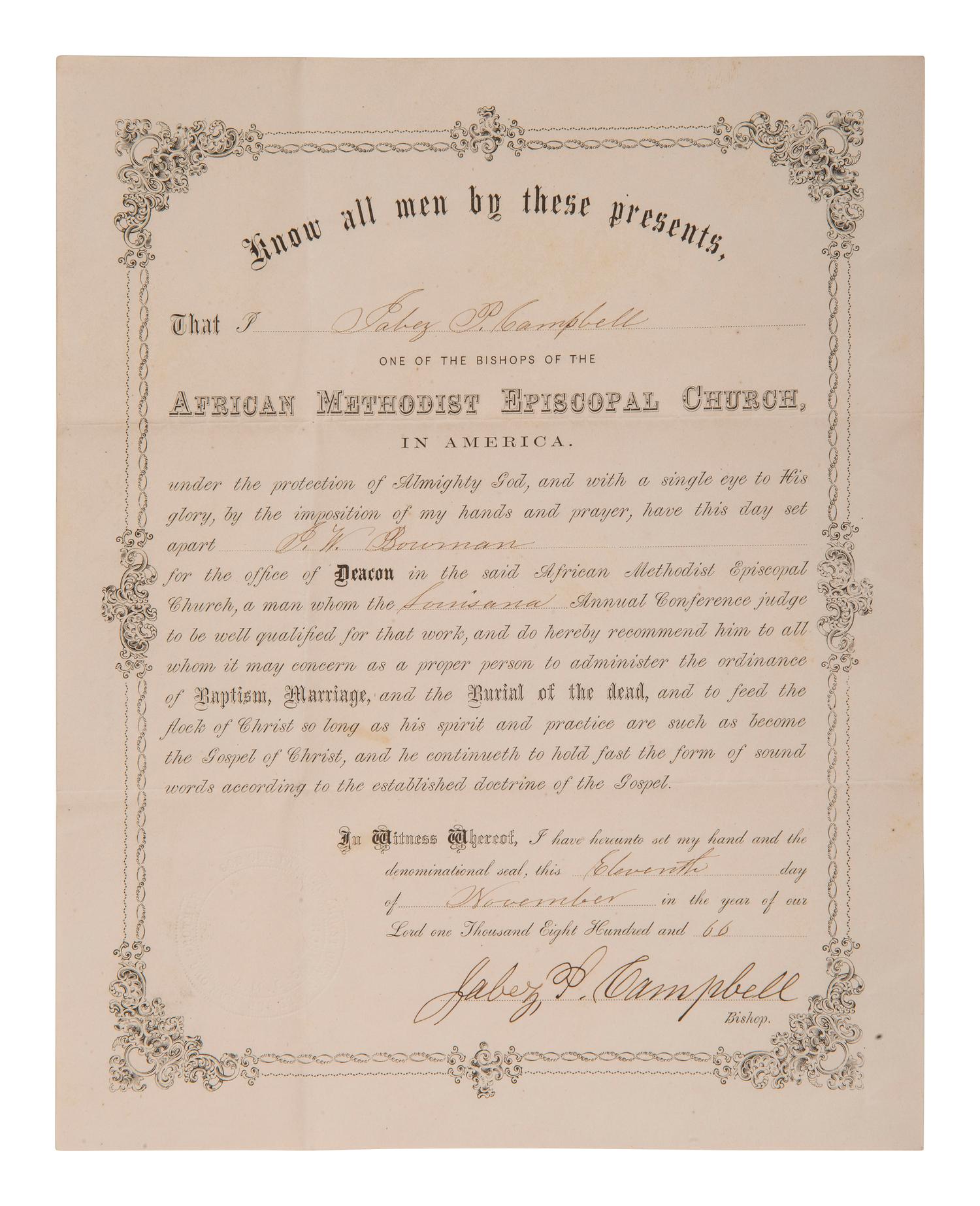 [RELIGION]. CAMPBELL, Jabez P. (1815-1891). AME Church document signed by formerly enslaved bishop.