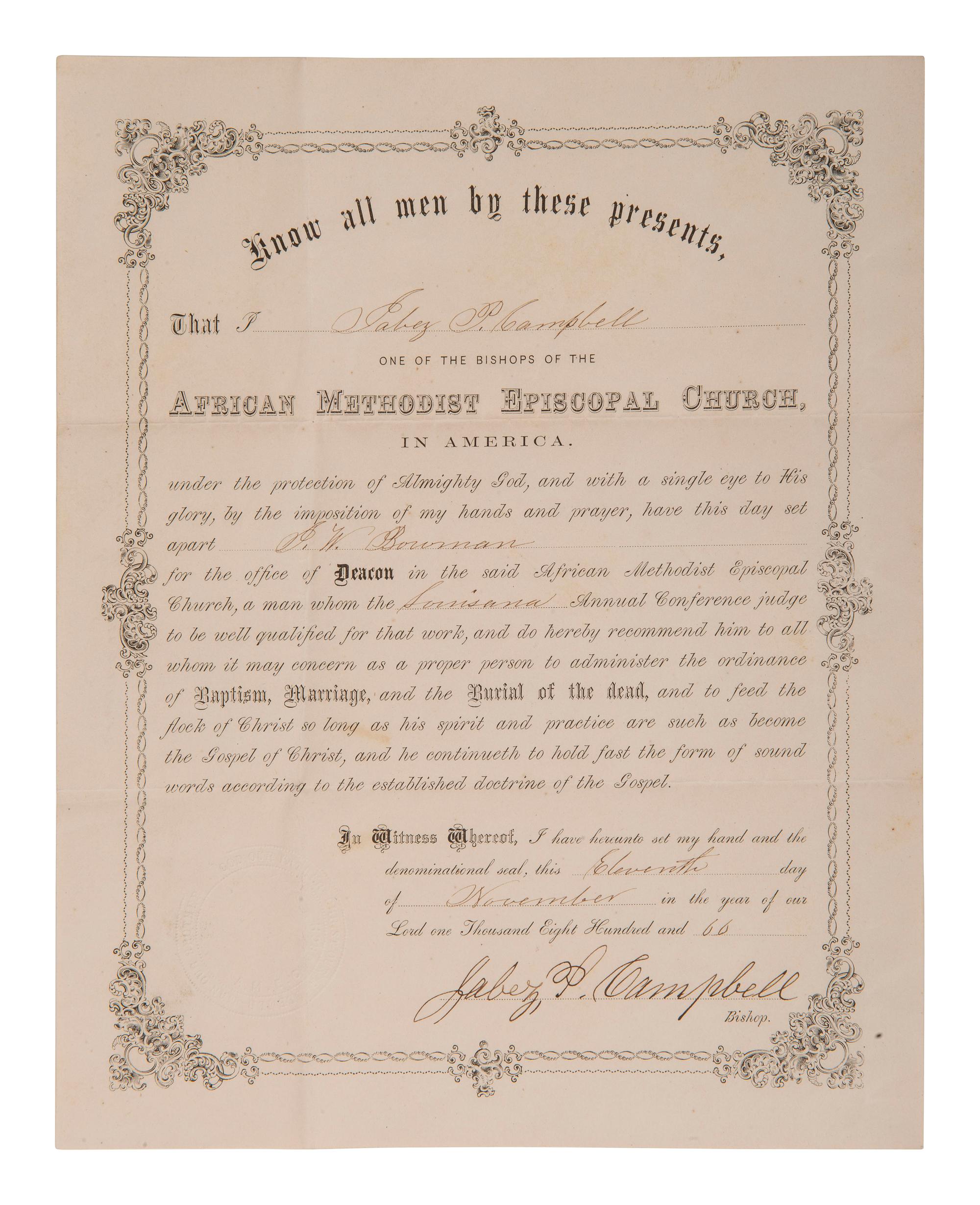 [RELIGION]. CAMPBELL, Jabez P. (1815-1891). AME Church document signed by formerly enslaved bishop.