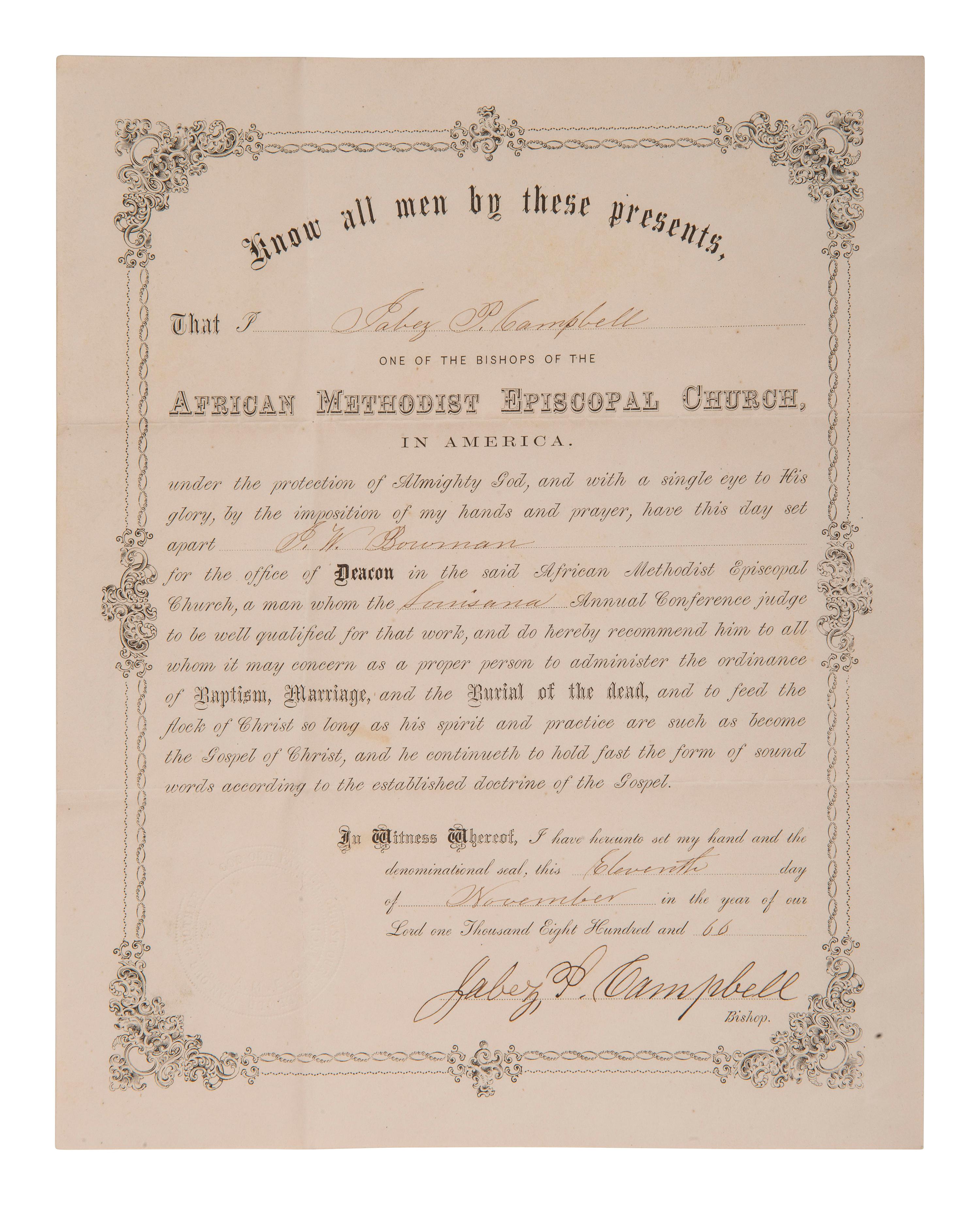 [RELIGION]. CAMPBELL, Jabez P. (1815-1891). AME Church document signed by formerly enslaved bishop.