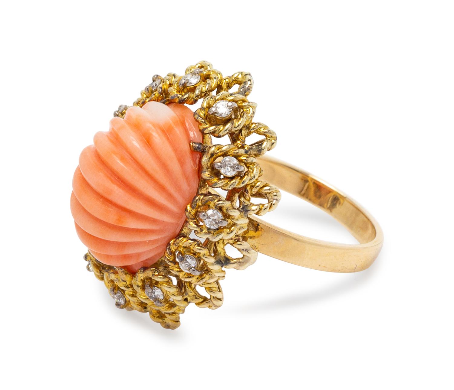 A 14 Karat Yellow Gold, Angel Skin Coral and Diamond Ring,