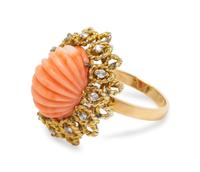A 14 Karat Yellow Gold, Angel Skin Coral and Diamond Ring,
